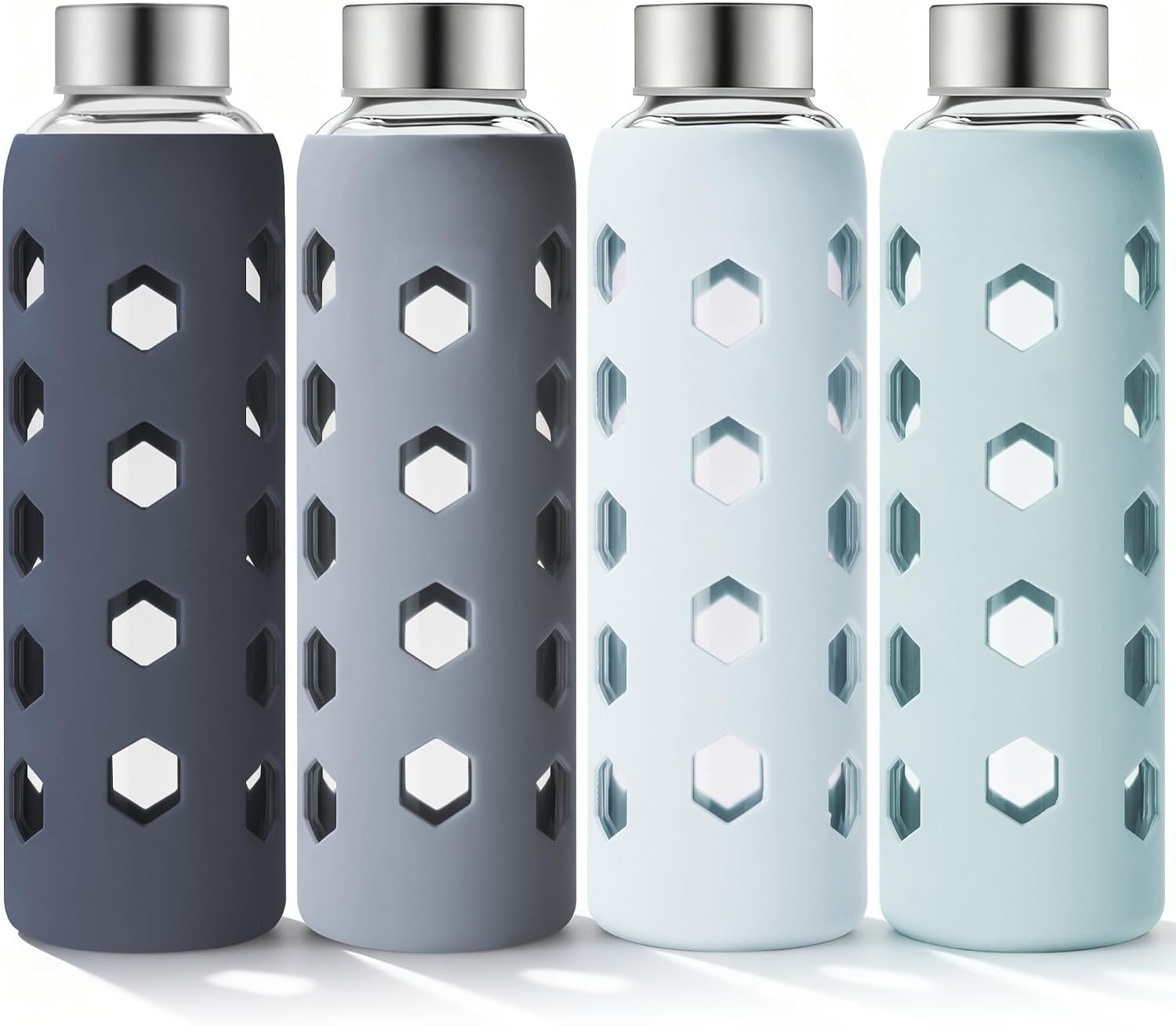 Mrsdry 18 oz Glass Water Bottles with Lids & Silicone Sleeves, 4-Pack