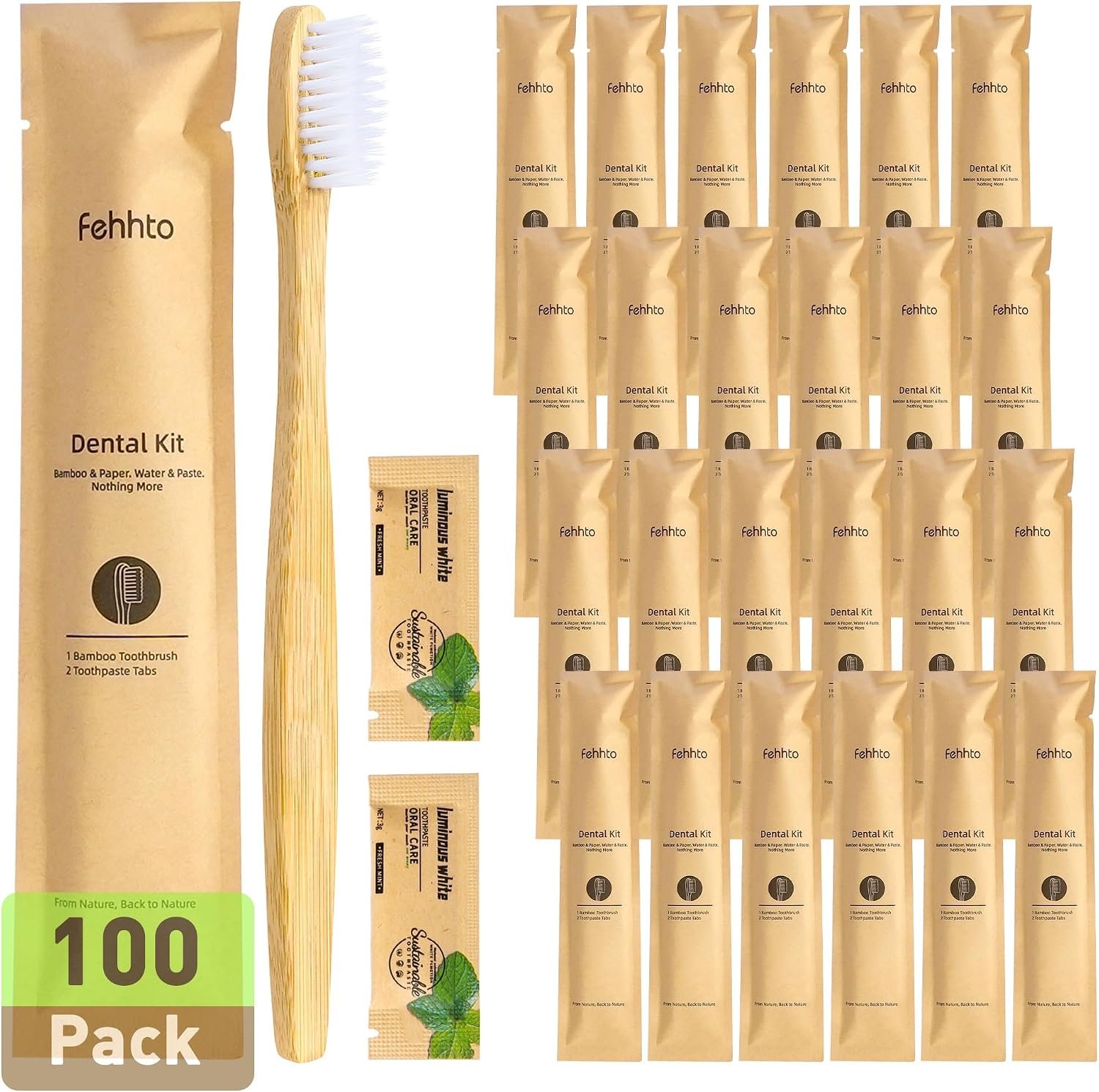 100 Pack Bamboo Toothbrushes with Toothpaste 6g Individually Wrapped