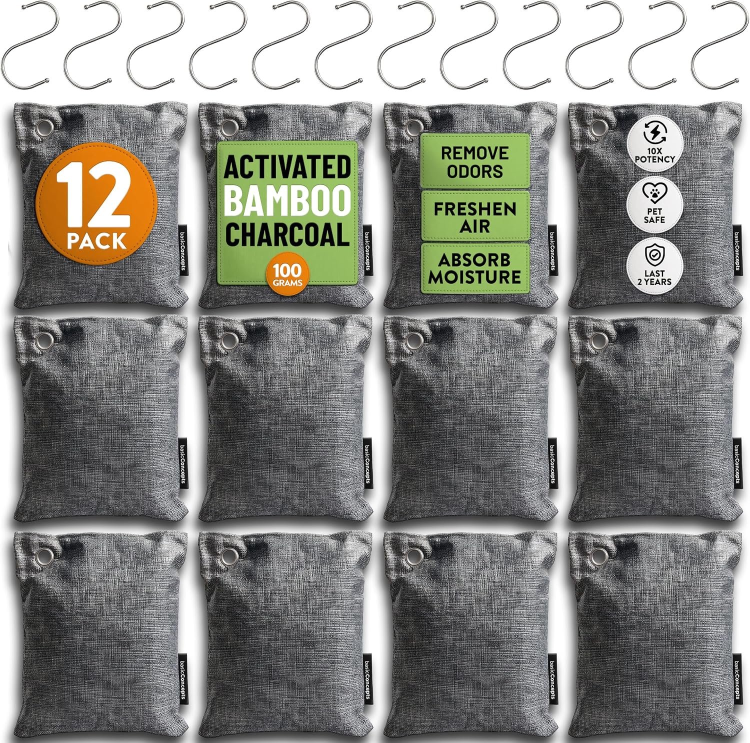 Charcoal Bags Odor Absorber (Large, 8 Pack, 200g each), Nature Fresh Bamboo Charcoal Air Purifying Bag Activated Charcoal Odor Absorber for Home, Closet, Shoe, Car Odor Eliminator Freshener Remover