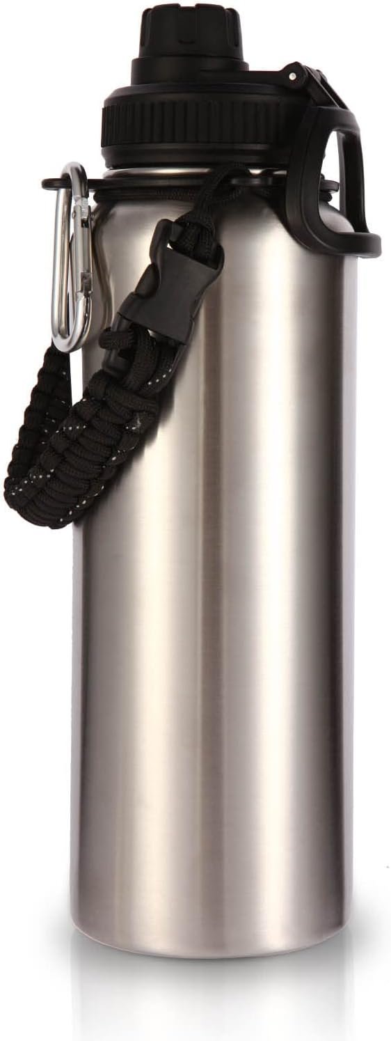 Volhoply 40 oz Insulated Water Bottles Paracord Handle, Stainless Steel Bottle with Spout Lid, Double Walled Metal Travel Water Cups with Wide Mouth, Reusable Water jug for Adults (Silver,1 Set)