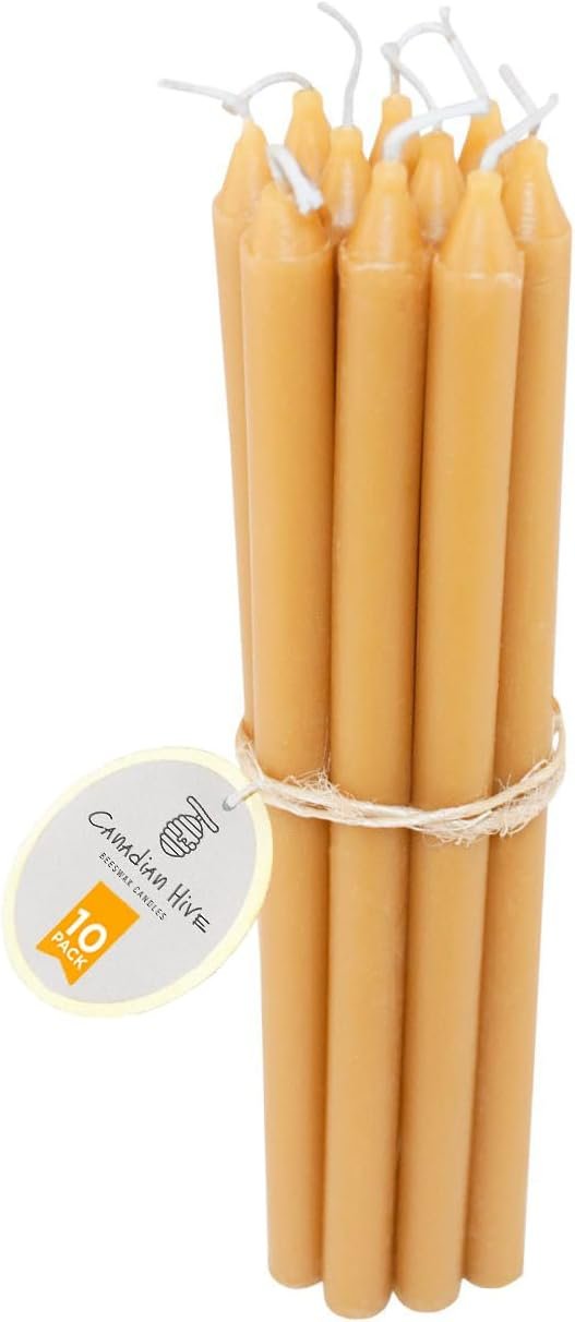 100% Pure Beeswax Candles (10 pcs, 23×1.3 cm) – Long-Burning Taper Candle Sticks, Handmade in Canada, Natural, Smokeless & No-Drip, Beeswax Candle Set – Meditation and Home Decor