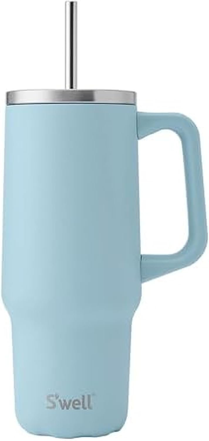 S’well Recycled Stainless Steel Tumbler XL with Straw and Handle, 30oz, Powder Blue, Triple Layered Vacuum Insulated Container Keeps Drinks Cold 36 hours and Hot for 9, BPA Free