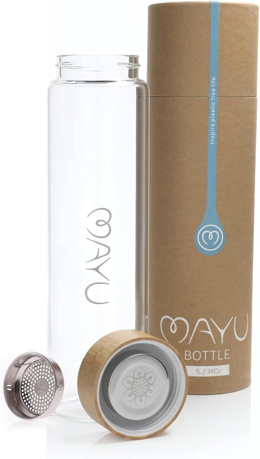 mayu Pure Glass Reusable Water Bottle with Bamboo Lid, Leakproof, 1 Liter