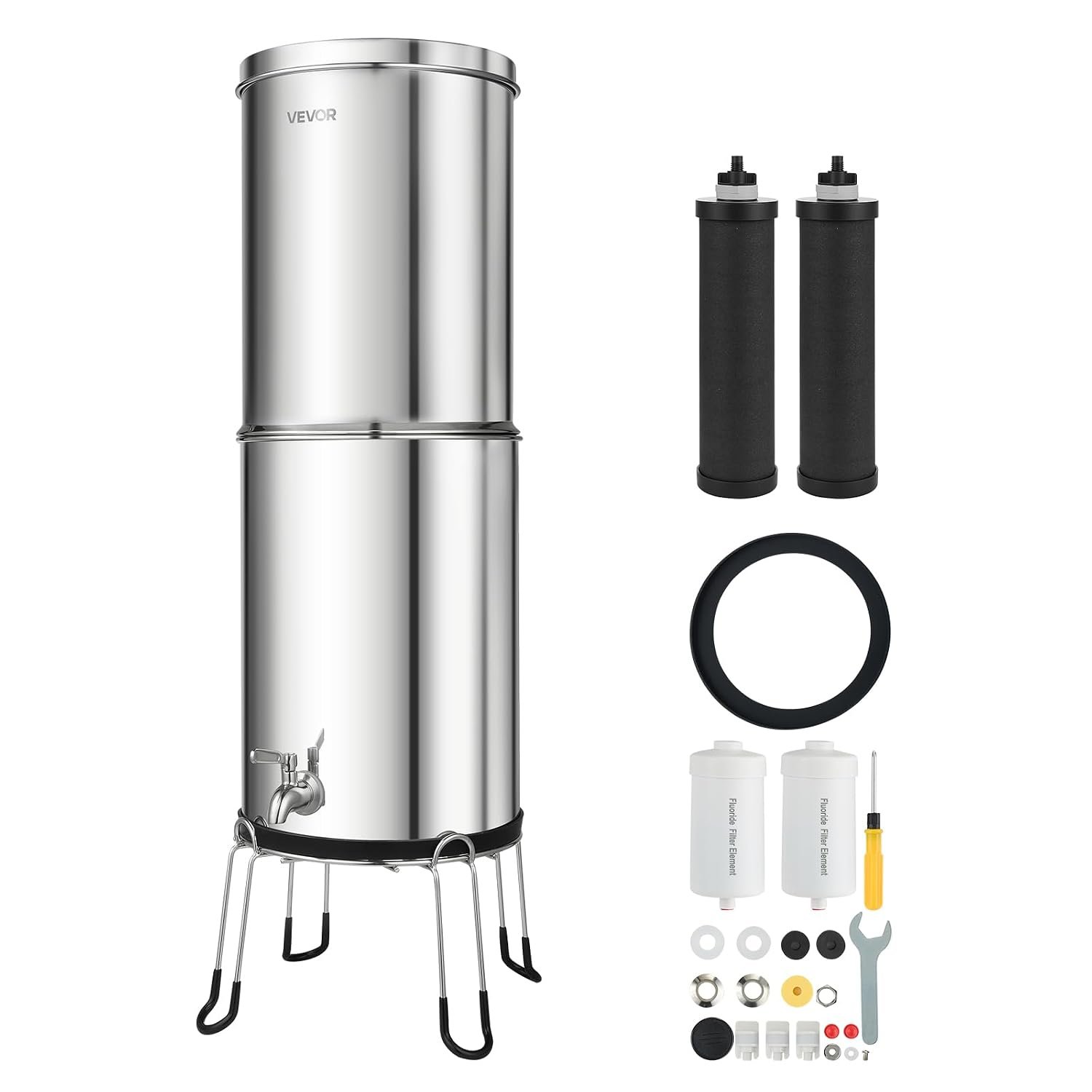 VEVOR Gravity-fed Water Filter System, 3.25G 304 Stainless-Steel Countertop Water Filtration System, Reduces Lead and up to 99% of Chlorine, w/ 2 Carbon Filter, 2 Defluorination Filter, Spigot, Stand