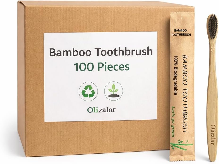 100 Pack Bamboo Toothbrush for Adults, Medium Soft Charcoal Bristles, Eco Friendly Wooden Natural Toothbrushes, Biodegradable Handle Oral Care Toothbrush