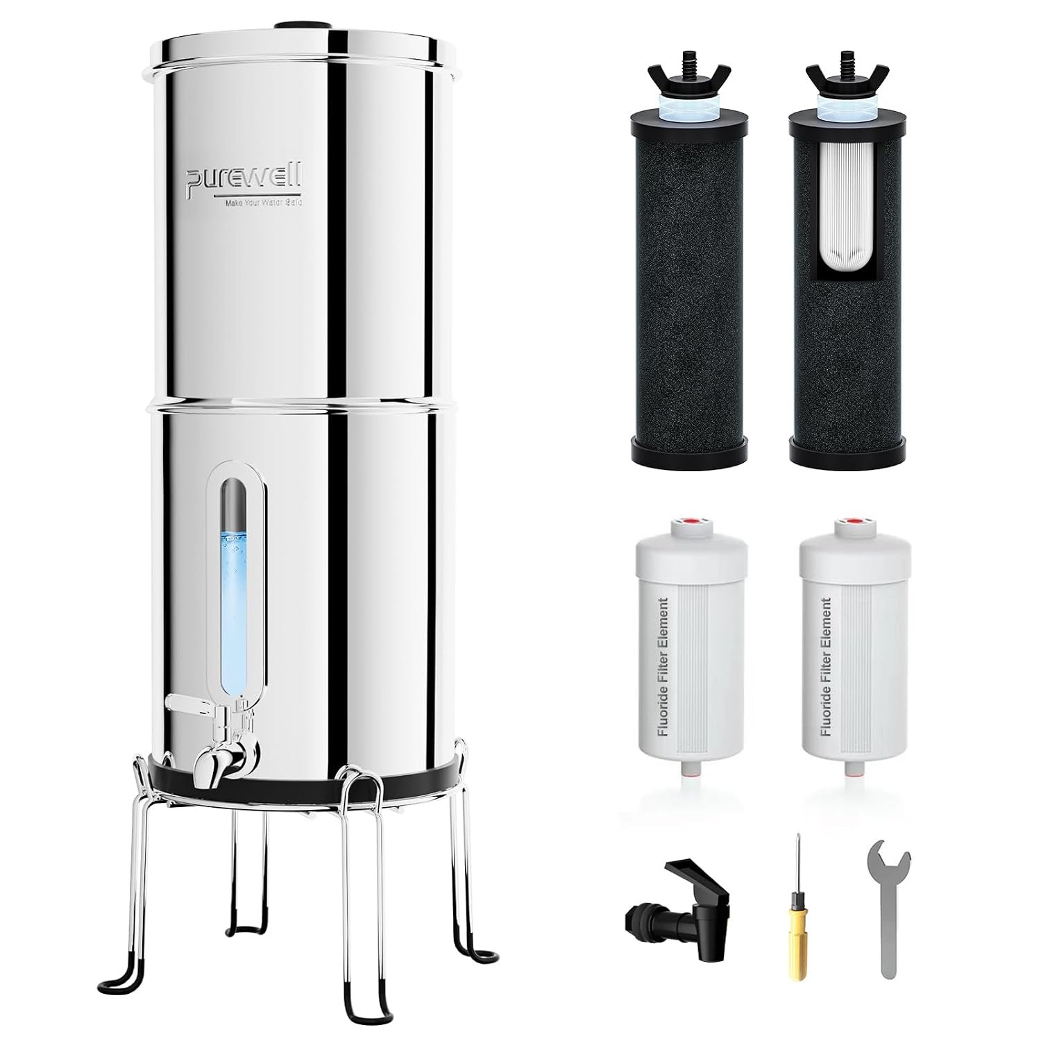 Purewell 2.25G Gravity Water Filter System with Water Level Window, 8-Stage 0.01μm Ultra-Filtration Stainless Steel Countertop System with 4 Filters and Stand, Reduce Fluoride and Chlorine, PW-KS-CF