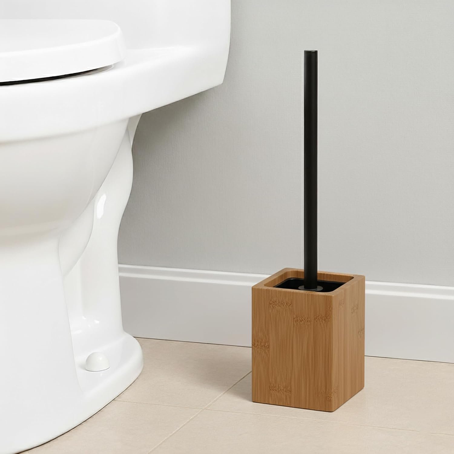 Acacia Square Toilet Brush and Holder Set, Wood, Contemporary, Brown