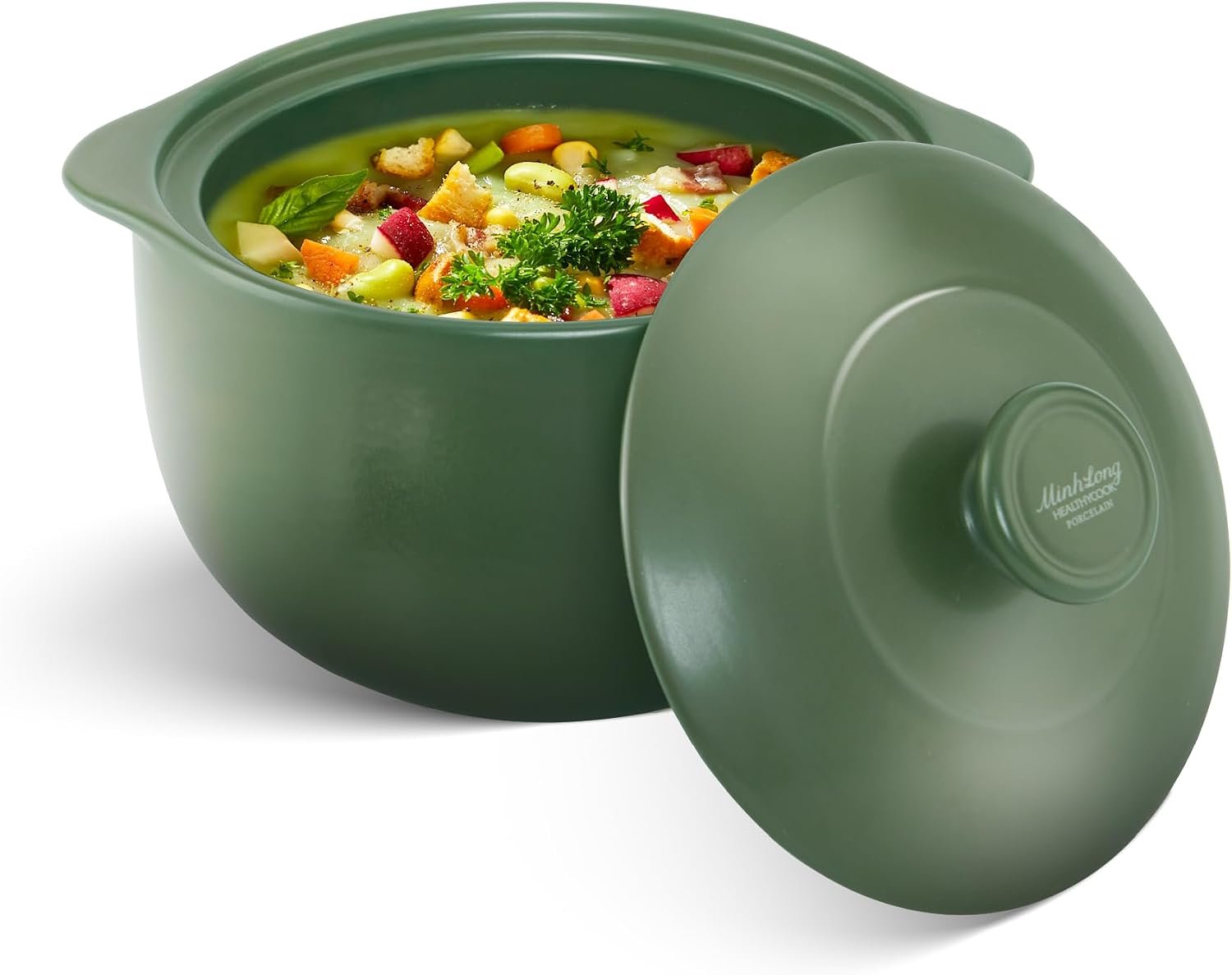 MINH LONG 1 Quart Porcelain Clay Pot for Cooking, Dutch Oven with Lid