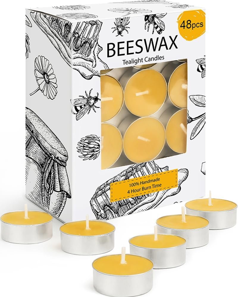 Beeswax Tealight Candles 48 Pack, 4 Hour Burn Natural Tea Candle
