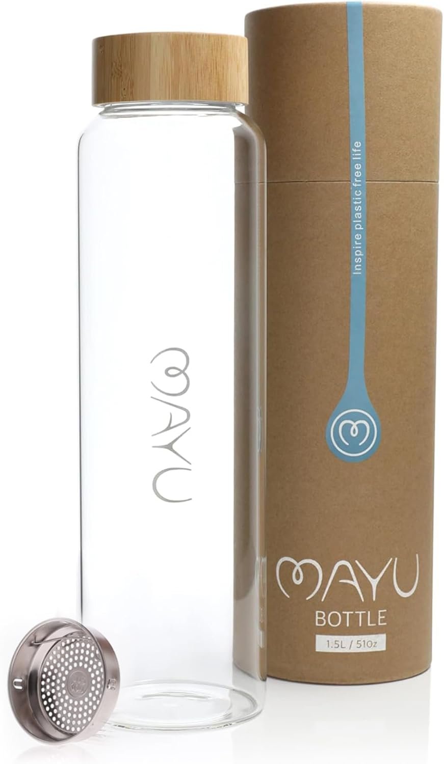 mayu Pure Glass Reusable Water Bottle with Bamboo Lid, Leakproof, 1.5 Liter
