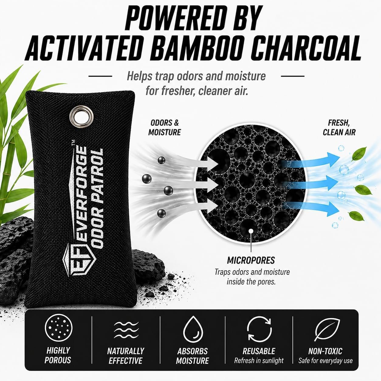 EverForge Odor Patrol Charcoal Odor Absorber Bags, Gym Bag Deodorizer for Shoes, Sneakers, Lockers, Sports Gear, Hockey Bags, Cleats & Cars, Activated Charcoal, Unscented, 2 Pack