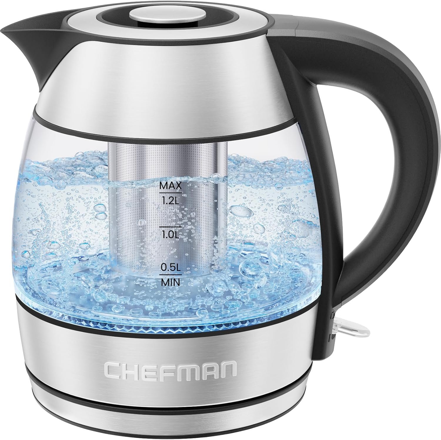 CHEFMAN Electric Kettle – 1.2L 1500W Hot Water Tea Pot with Infuser, BPA Free, Auto Shut Off, Boil-Dry Protection, Removable Lid, LED Light, Cordless Glass Electric Tea Kettle – Stainless Steel