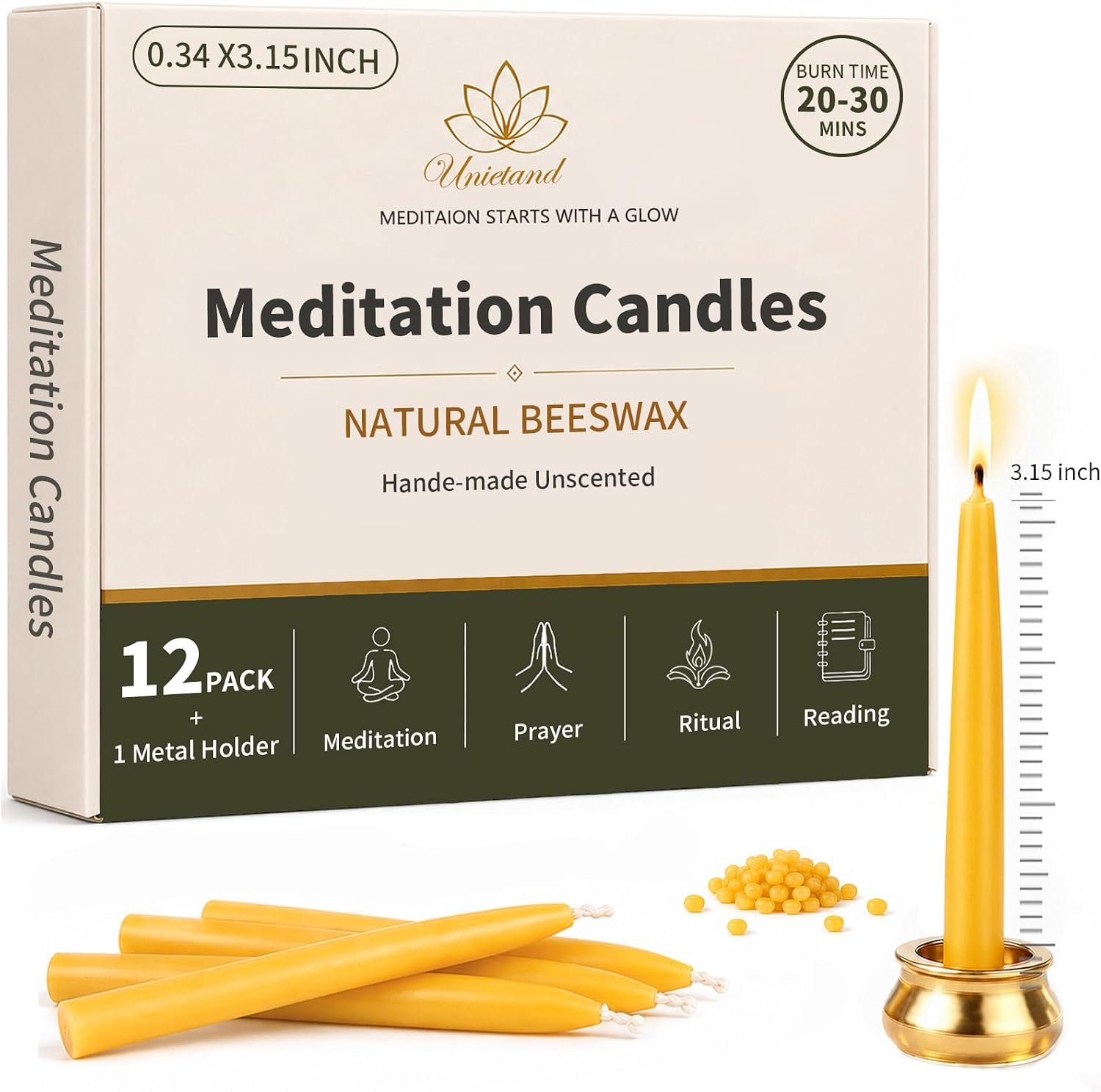 20 Minute Beeswax Meditation Candles, 12 Pack 3.15 Inch Mini Candles