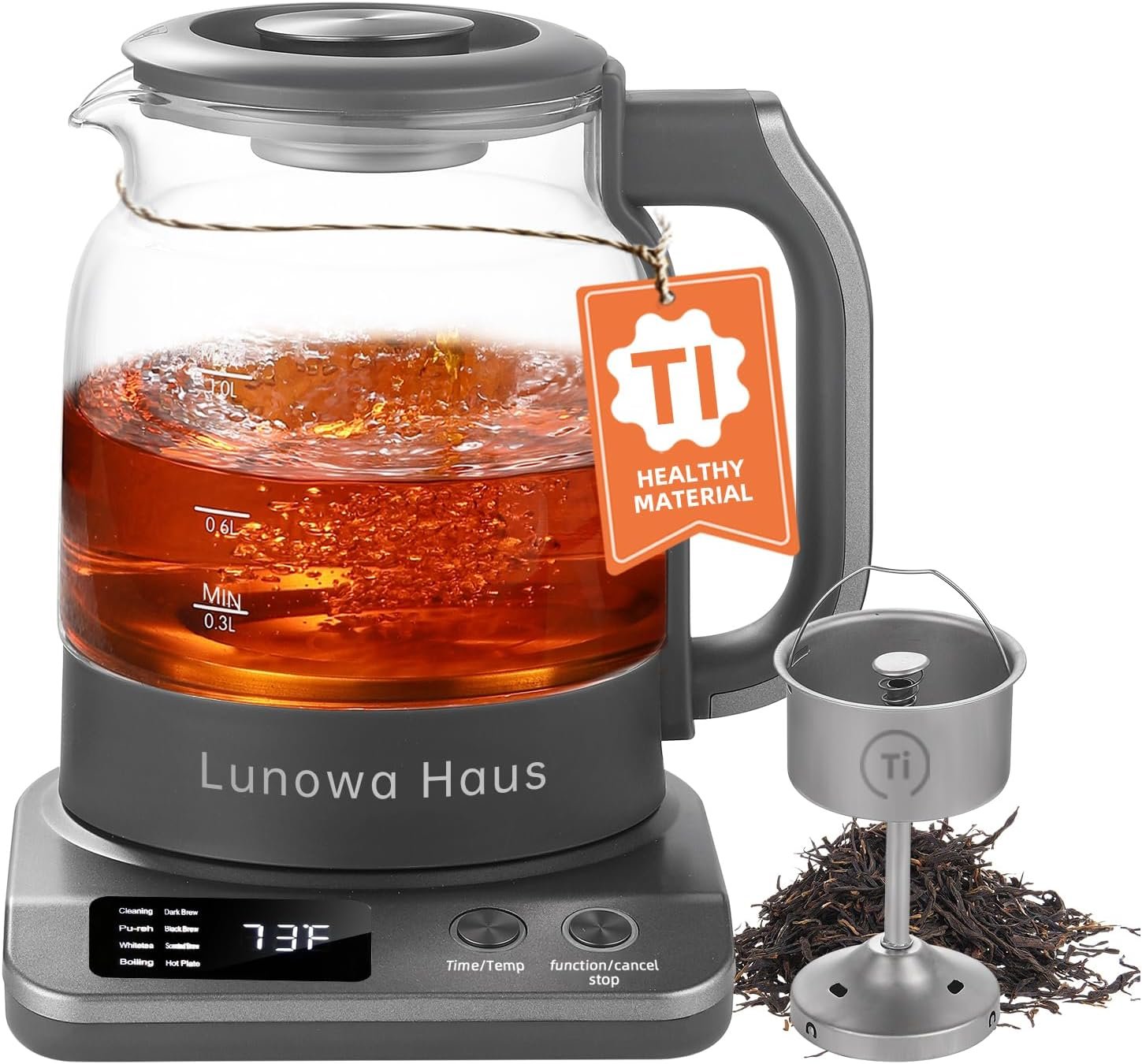 120V Titanium & Glass Electric Tea Kettle, Pro Steam Extraction for All Teas (Green, Black, Oolong), 11 Temp & 10 Strength Levels, 1.2L, 12H Keep Warm, BPA-Free, 1 Infusers