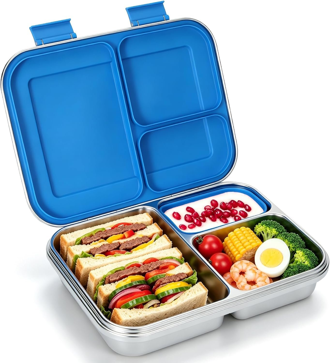 Stainless Steel Lunch Box for Kids, 3 Compartments 1150ML Capacity, Leak-Proof Bento Box Kids, Teens & Adults Dishwasher Safe (blue)