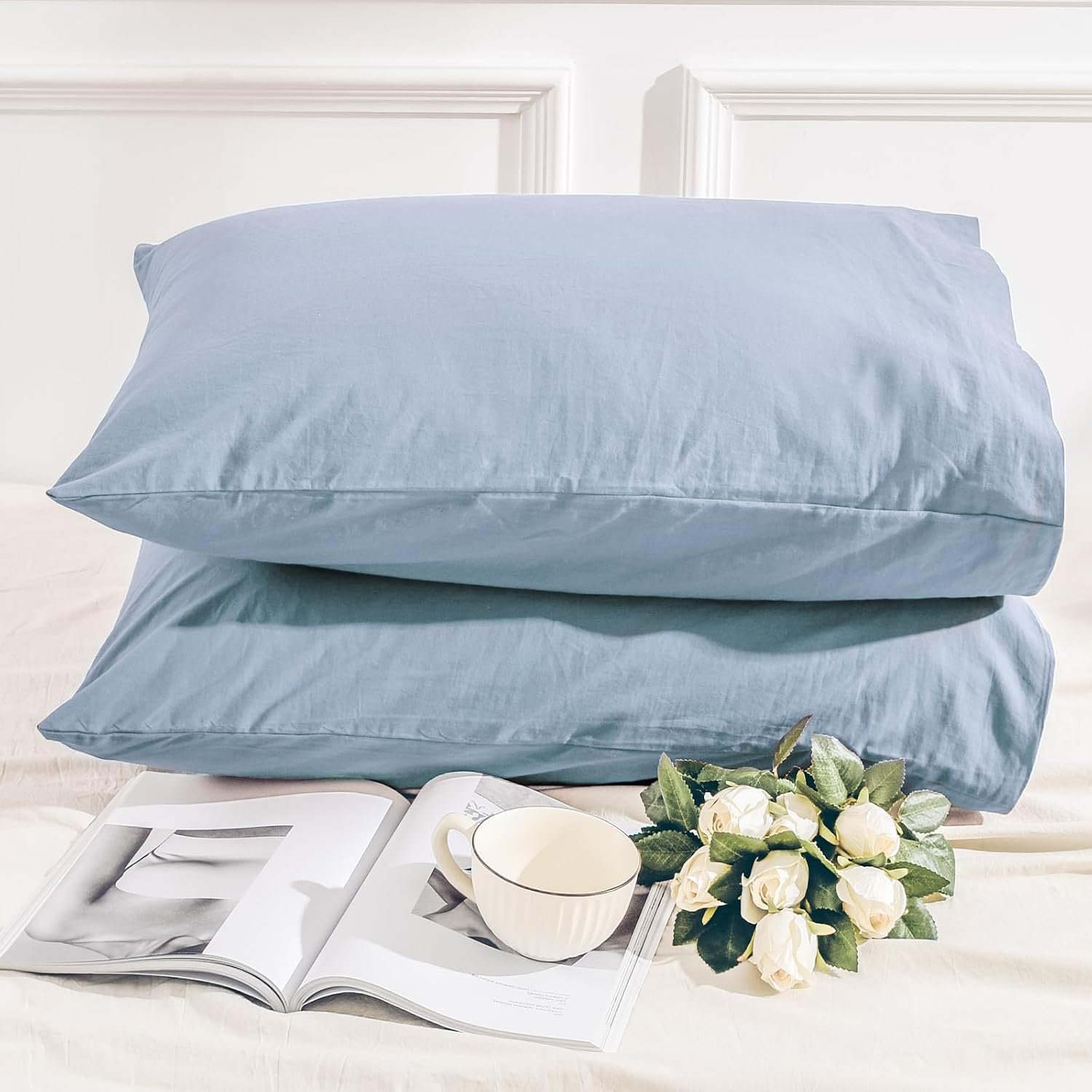 NEXHOME PRO 100% Organic Cotton Standard Pillowcase Set of 2, Envelope Closure Linen Feel Textured Natural, Soft and Durable, Premium Cooling Pillow Cases for Bed (20×26 inch, Blue)