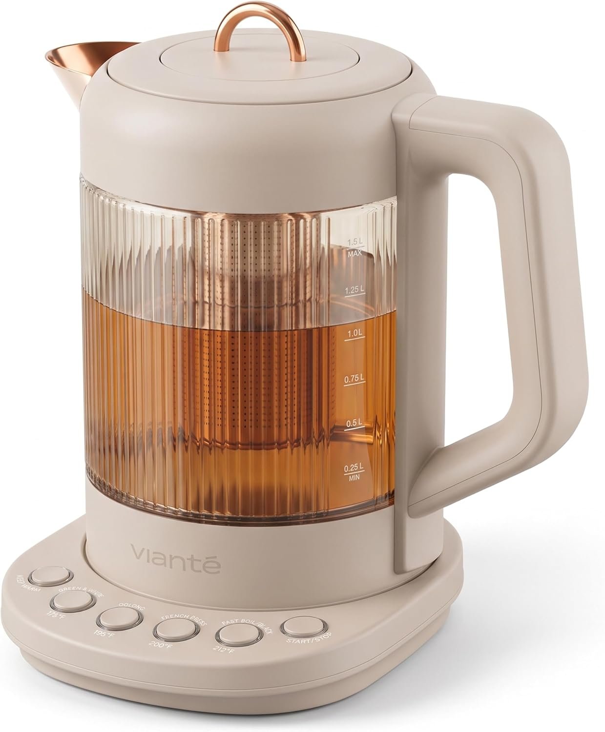 Viante Nina Electric Tea Kettle with Infuser, No Plastic In Contact With Water, 1.5L Borosilicate Glass, 304 Stainless Steel, 4 Temp Presets, Keep Warm, Cordless, Auto Shut-Off, Beige
