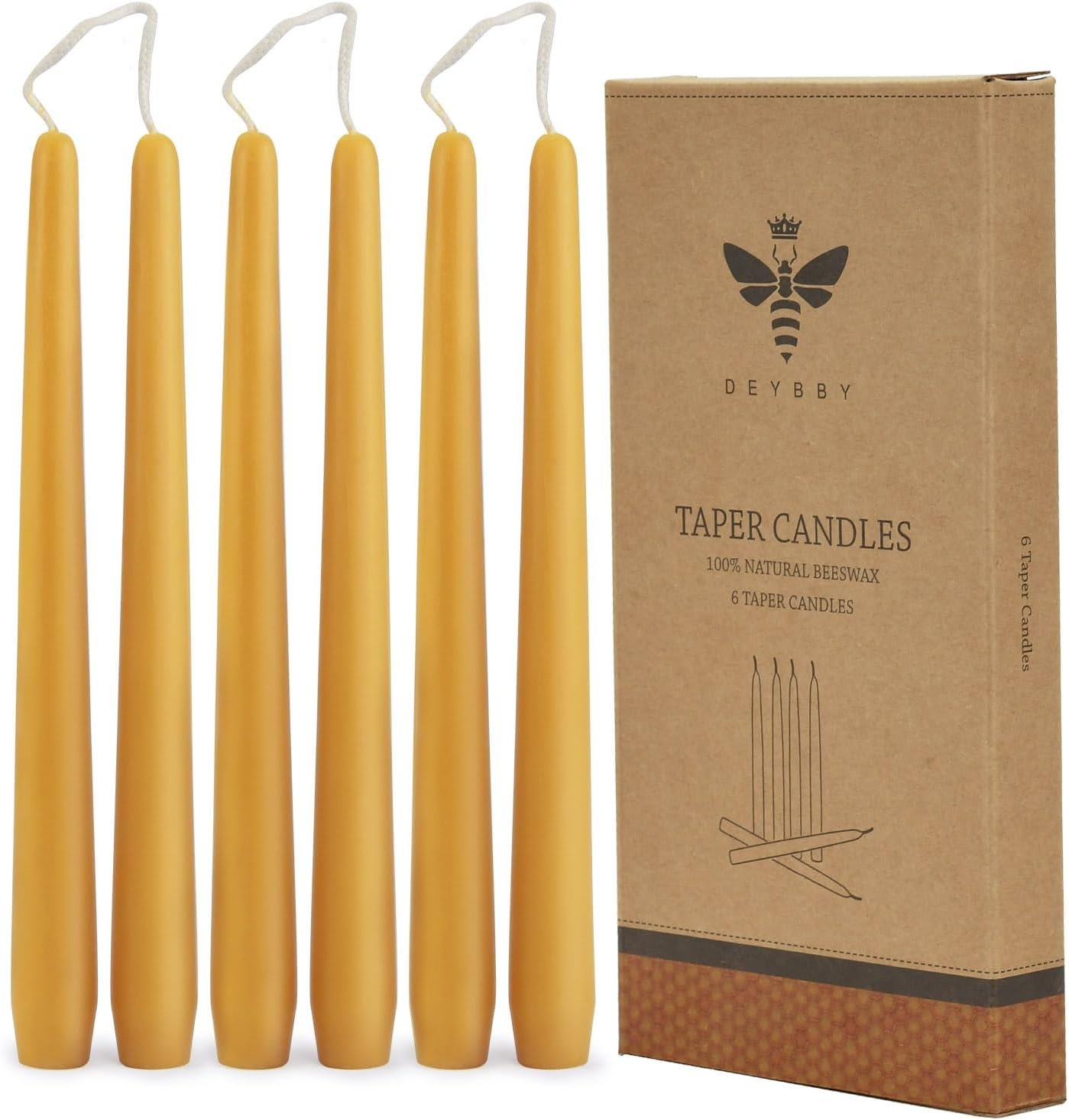 10″ Natural Beeswax Taper Candles – 6 Pack Beeswax Candles Set, Yellow