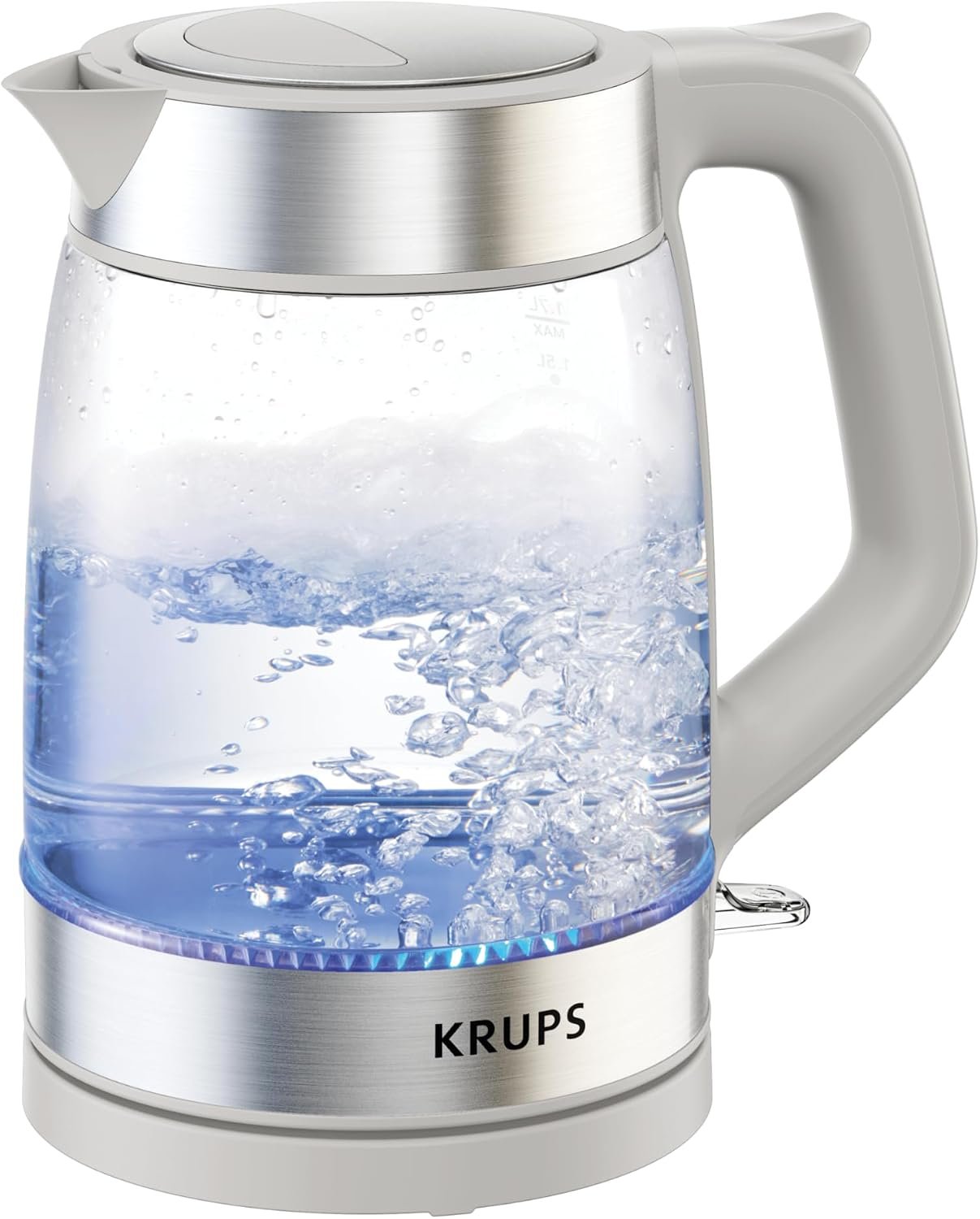 KRUPS Electric Kettle, 1.8-Qt (1.7L) Tea Kettle, 1500W with LED indicator, Hot Water Boiler, Auto Shut-off, Rapid 80-Second Cup Boiling, Safe Boil-dry Protection, Water Heater, Glass Carafe, Grey