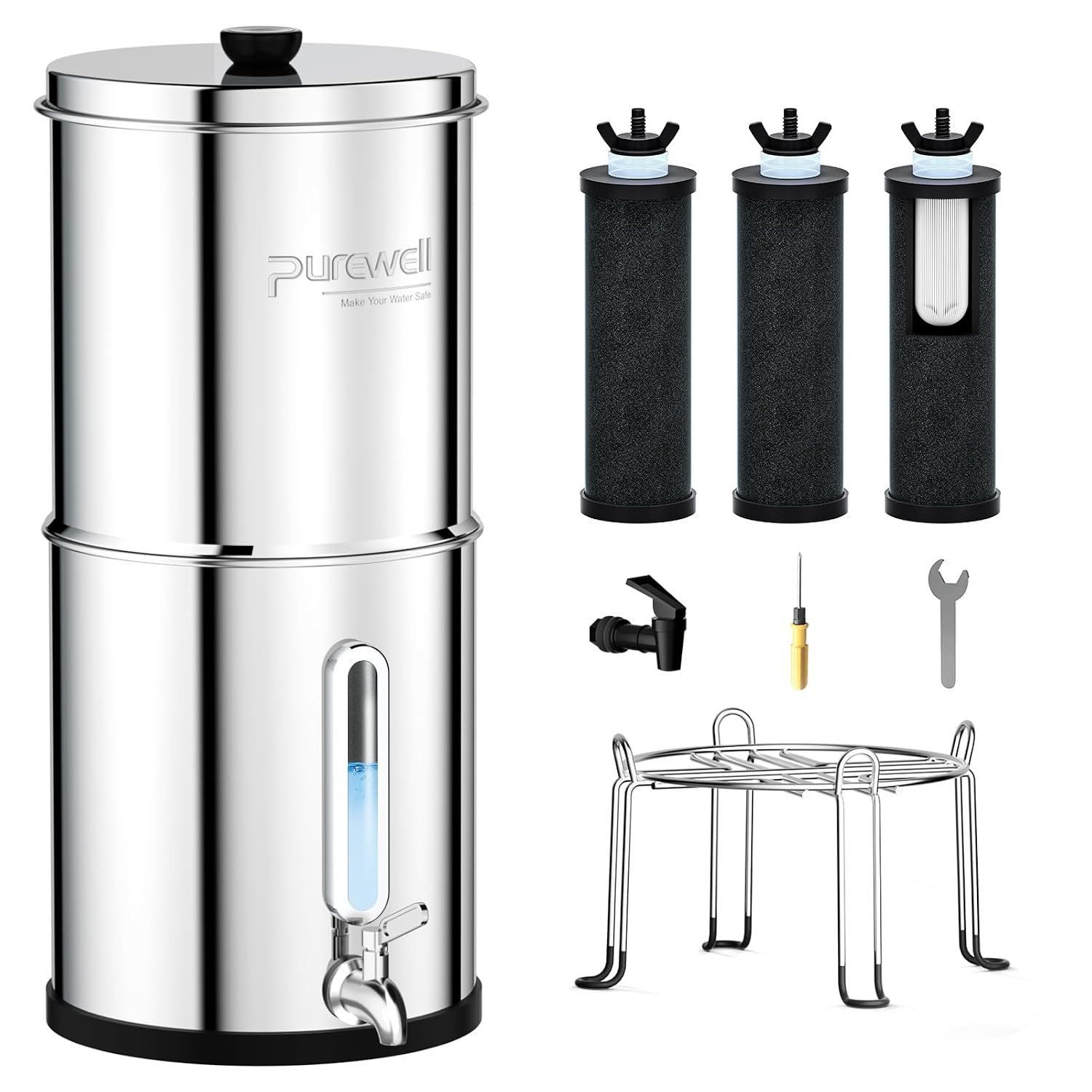 Purewell 2.25G Gravity-fed Water Filter System with 3 Filters, 3-Stage Ultra-Filtration Stainless Steel Countertop System with Water Level Window, Reduce 99% Chlorine, 9,000G Filter Capacity, PW-KS-3C