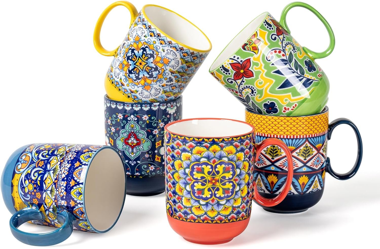 HENXFEN LEAD Boho Ceramic Coffee Mugs Set of 6, 14 oz