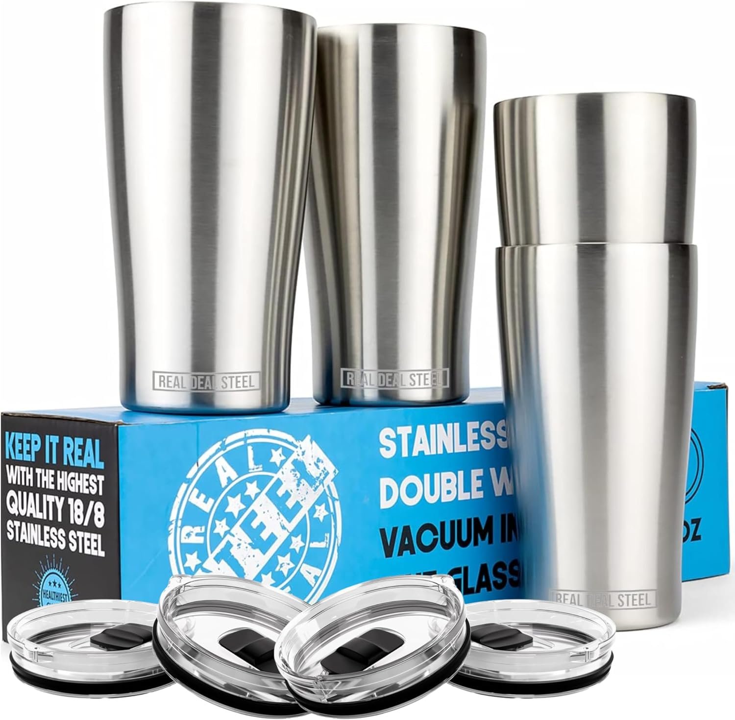 Stainless Steel Vacuum Insulated Pint Glasses – Set of 4 Pint Cups for Outdoors 16oz with Lids