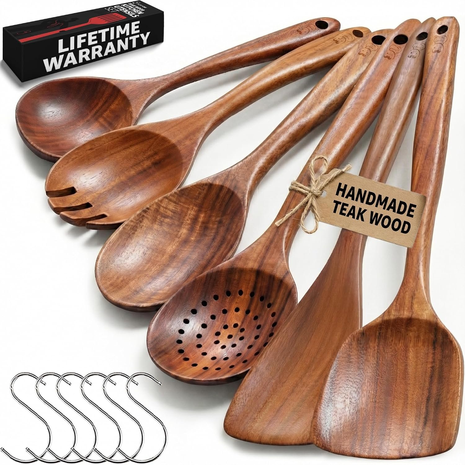 Premium Wooden Spoons for Cooking, 6Pc Wooden Kitchen Utensil Set and Hooks