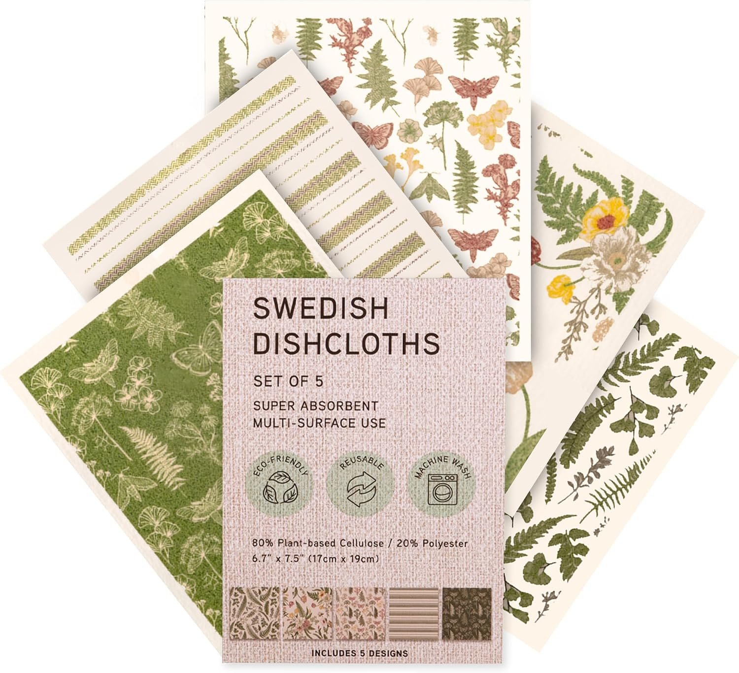 Swedish Dishcloths, Vintage Plant-Based Cellulose, 6.7×7.5 Inch, Super Absorbent, Multi-Surface, Machine Washable, Reusable, 5 Pack (Green)