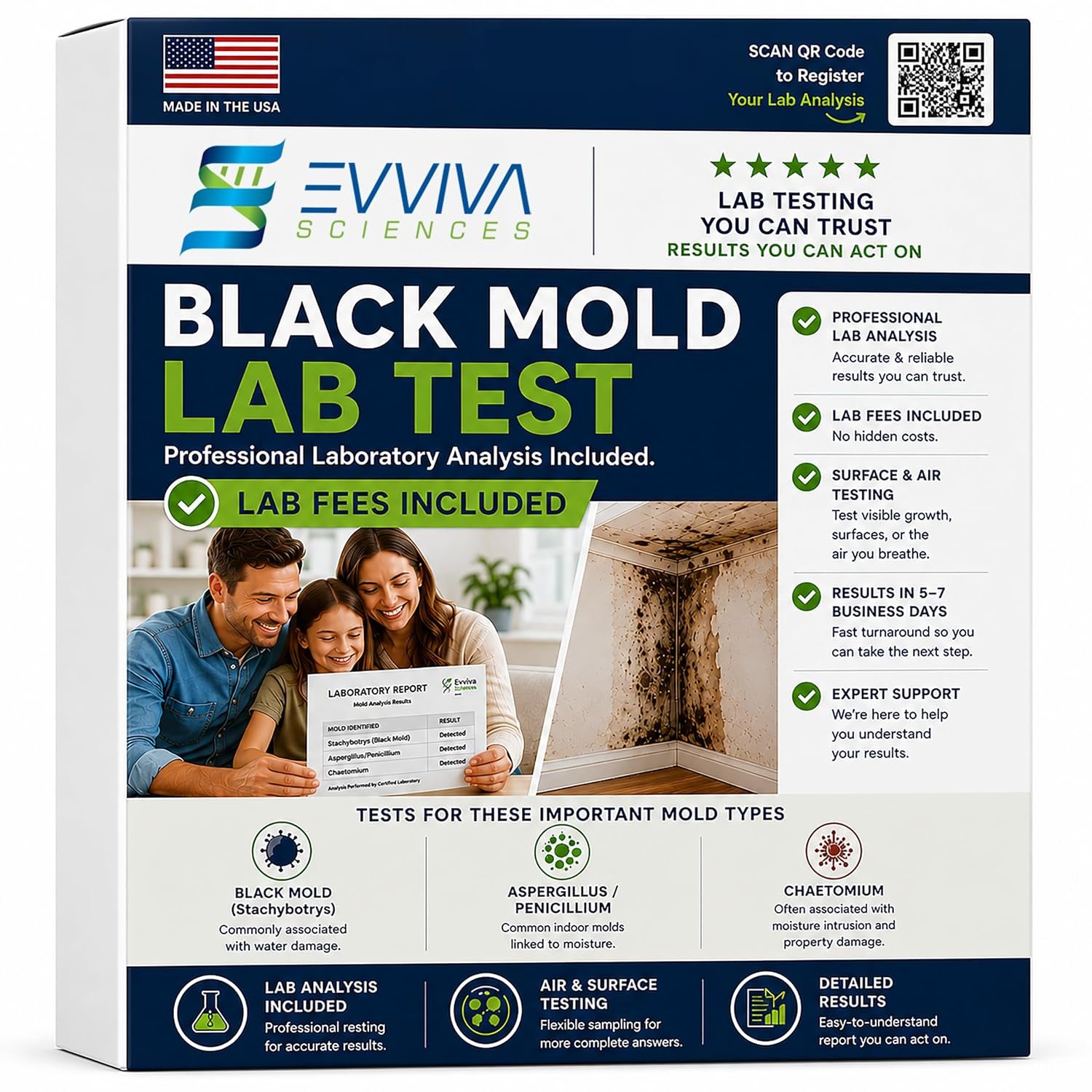Evviva Sciences Black Mold Lab Test Kit, Air & Surface Sampling, Tests for Stachybotrys, Aspergillus/Penicillium & Chaetomium, Lab Fees Included