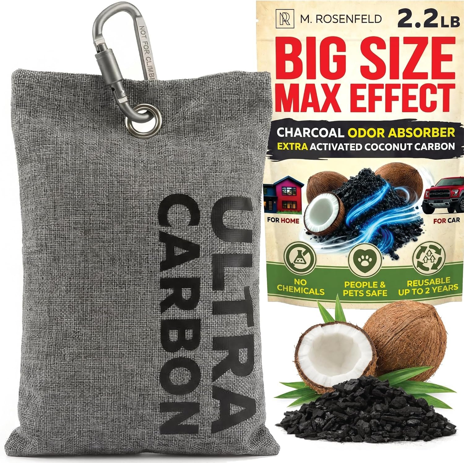 2.2LB (1000g) Activated Charcoal Odor Absorber for Strong Odor in Car, Home, Closet, Room – XL Large Natural Coconut Air Purifying Bag – Heavy Duty Smoke & Pet Smell Eliminator Deodorizer