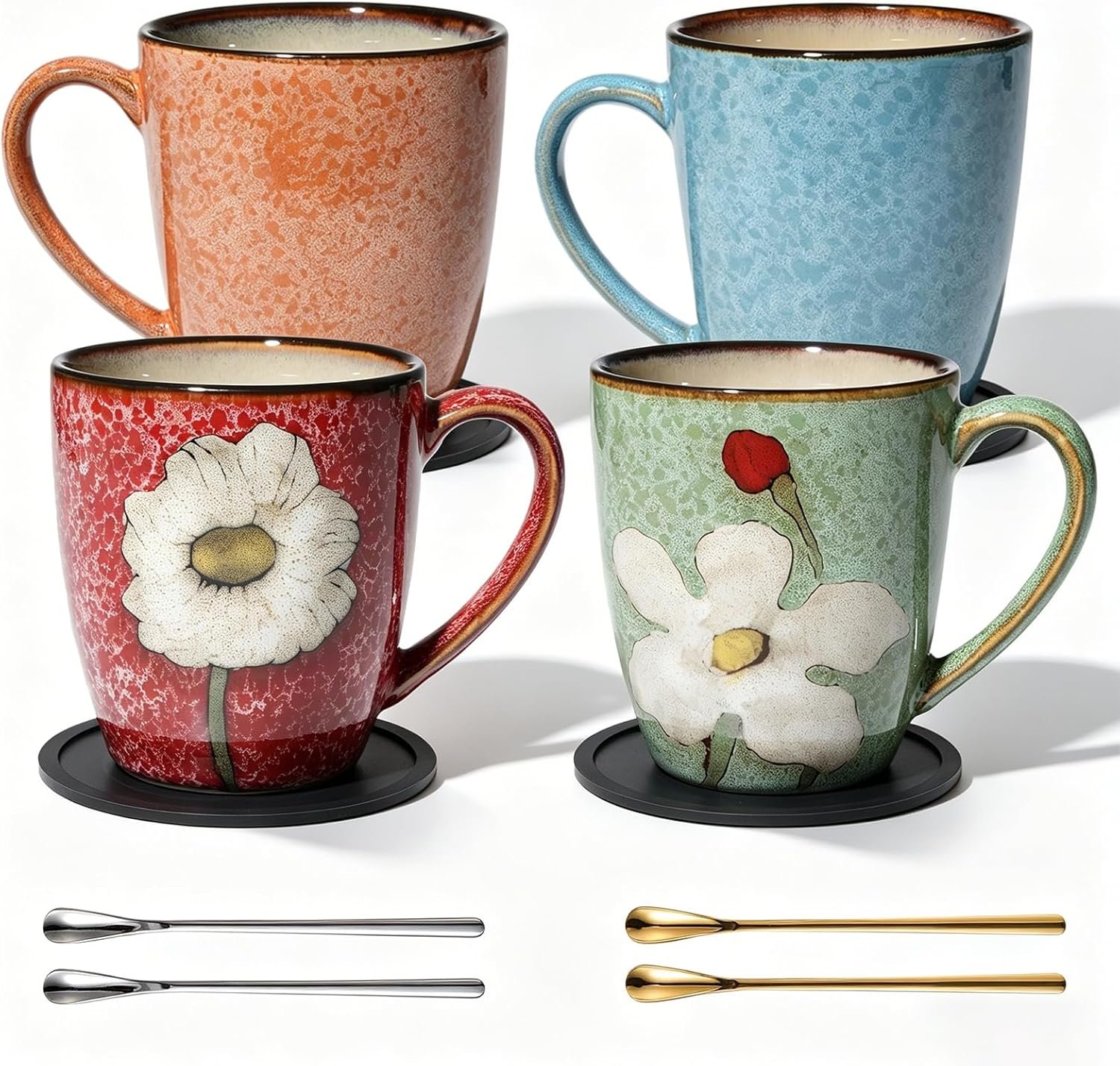 12oz Coffee Mugs Set of 4, Ceramic Tea Cups, Unique Kiln Glazing, Microwave and Dishwasher Safe Stoneware, Lead-Free Porcelain Mugs for Home Kitchen Office (4 Colors Set)
