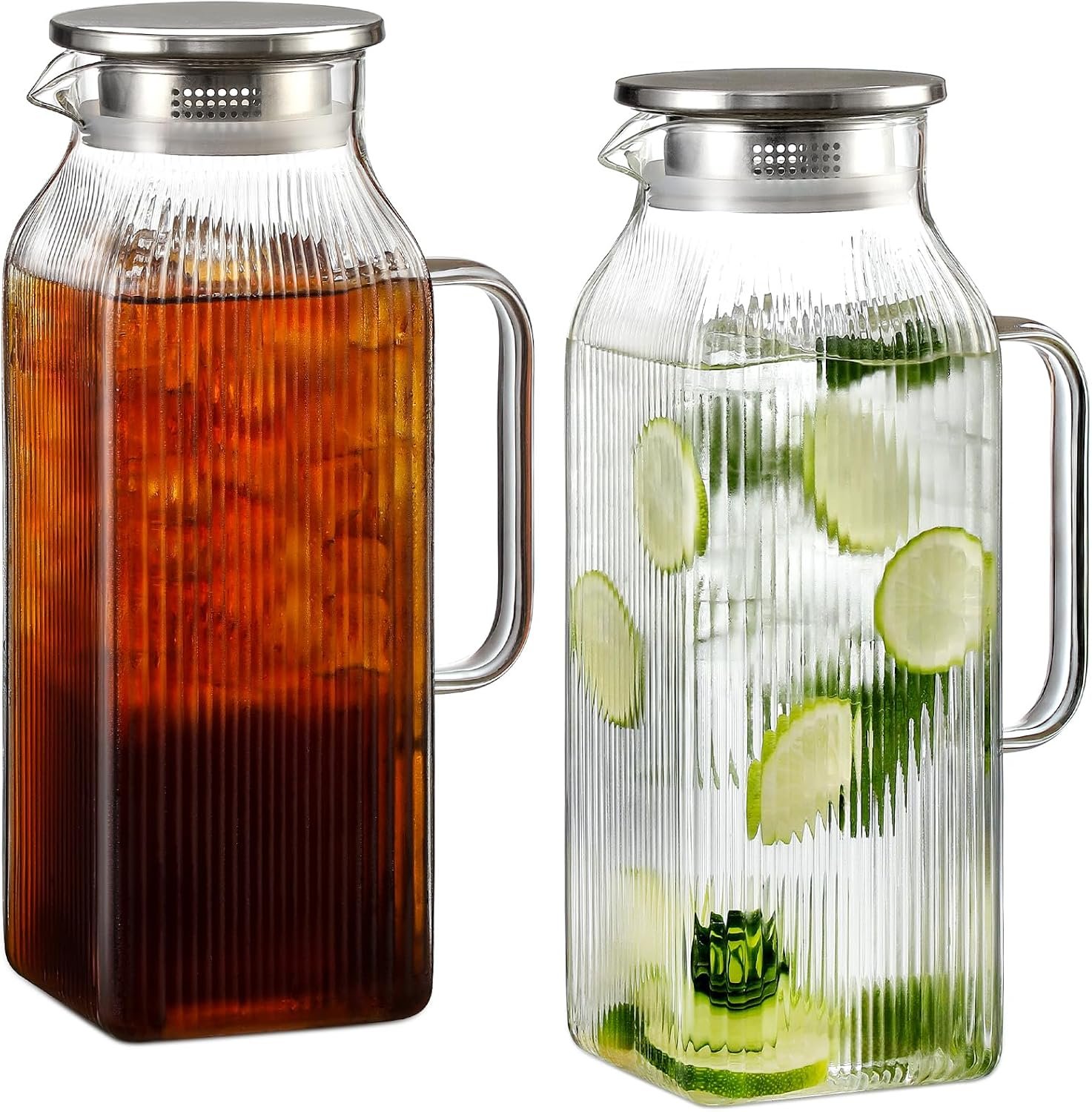 2 Pack 2 Liter/68 oz Square Glass Pitcher with Lid, Classic Stripes Water Pitchers with Handle for Fridge, Large Jug for Iced Tea, Borosilicate Glass Carafe for Hot/Cold Brew Drink, Silver