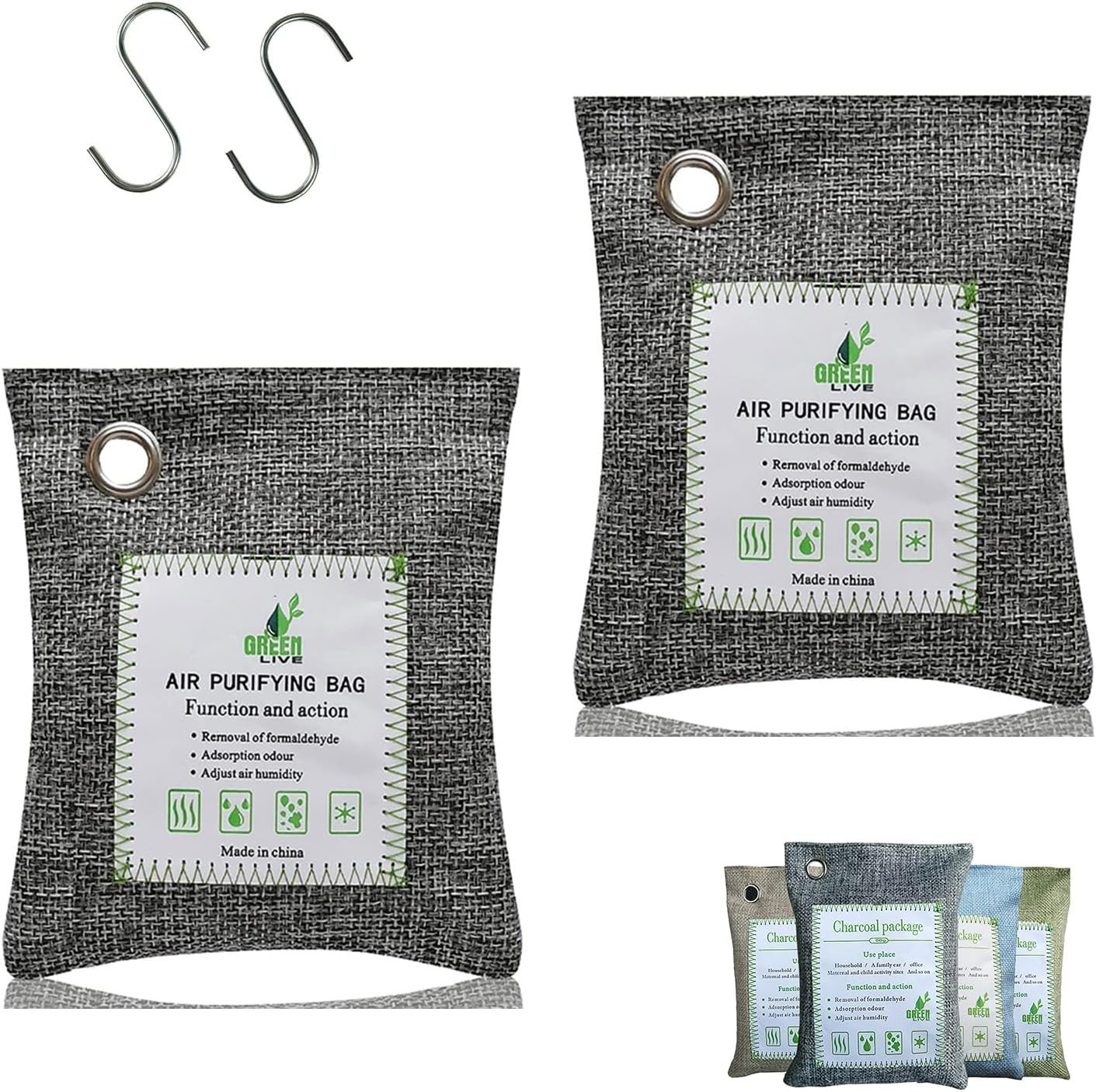 Bamboo Charcoal Bags Odor Absorber, 100g, 2 Packs, with Steel Hooks