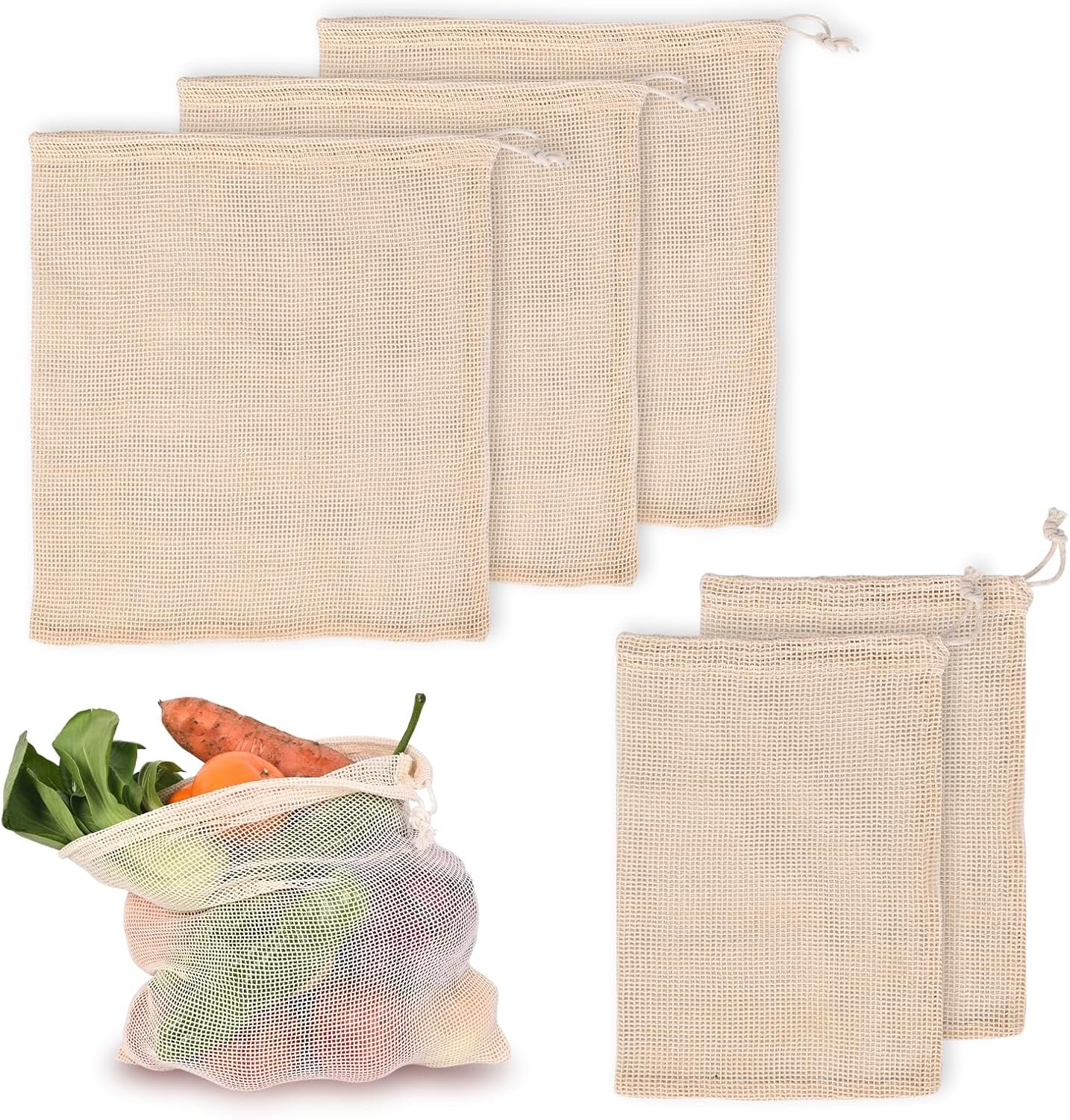 Reusable Bags Produce Bags Reusable Washable – Vegetable Bags, Grocery Bags, Cotton Mesh Bags for Farmers Market, Beach, and Refrigerator Storage Vegetables (12)
