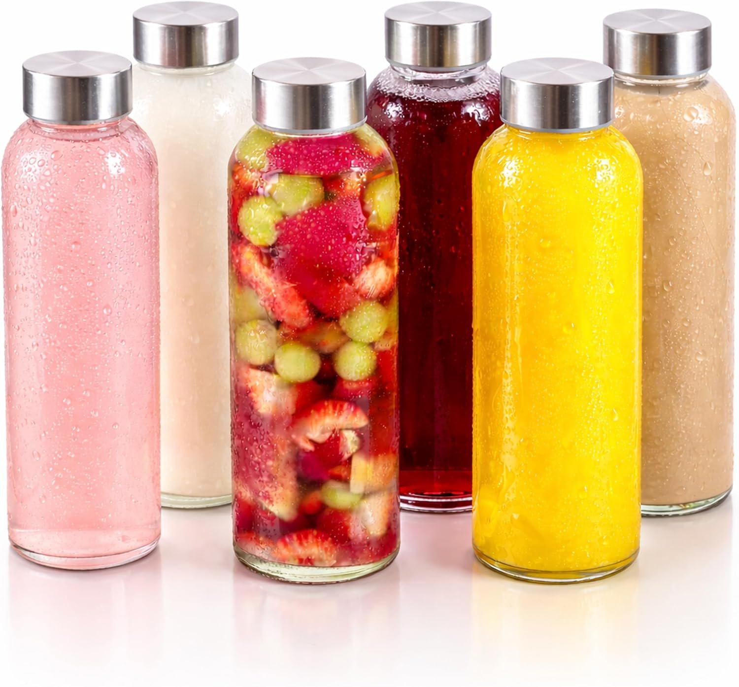 Brieftons Borosilicate Glass Water Bottles 18 Oz, 6 Pack, Dishwasher Safe, Leakproof Stainless Steel Lids, Clear Glass Bottles with Lids for Juice, Smoothies, Kombucha, Reusable Beverage Containers