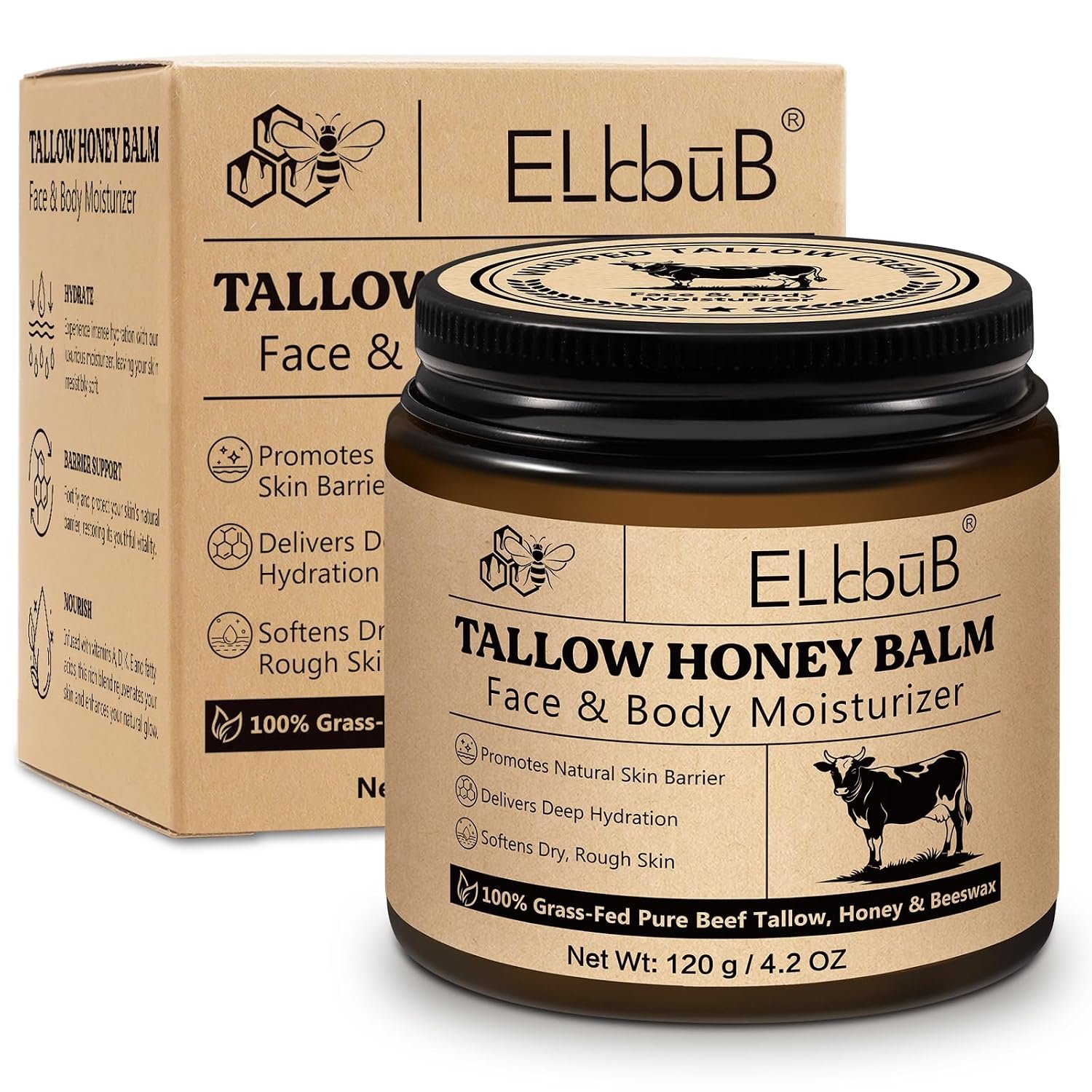 ELBBUB Whipped Tallow Cream for Face & Body – 100% Grass-Fed Beef Tallow, Natural Honey & Beeswax Moisturizer, Deep Hydration & Nourishment, Oil-Free & Unscented, Fast Absorbing