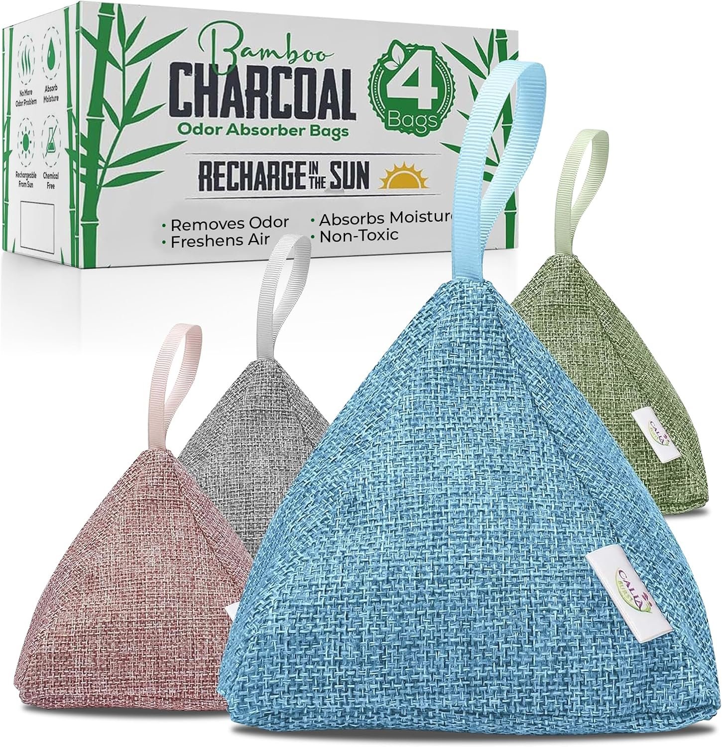 4 Pack Bamboo Charcoal Air Purifier Bags 200 Grams Each – Activated Charcoal Odor Absorber for Car, Pets & Closet – Natural Freshener for Home, Eco-Friendly & Reusable Charcoal Bags (Designer Colors)