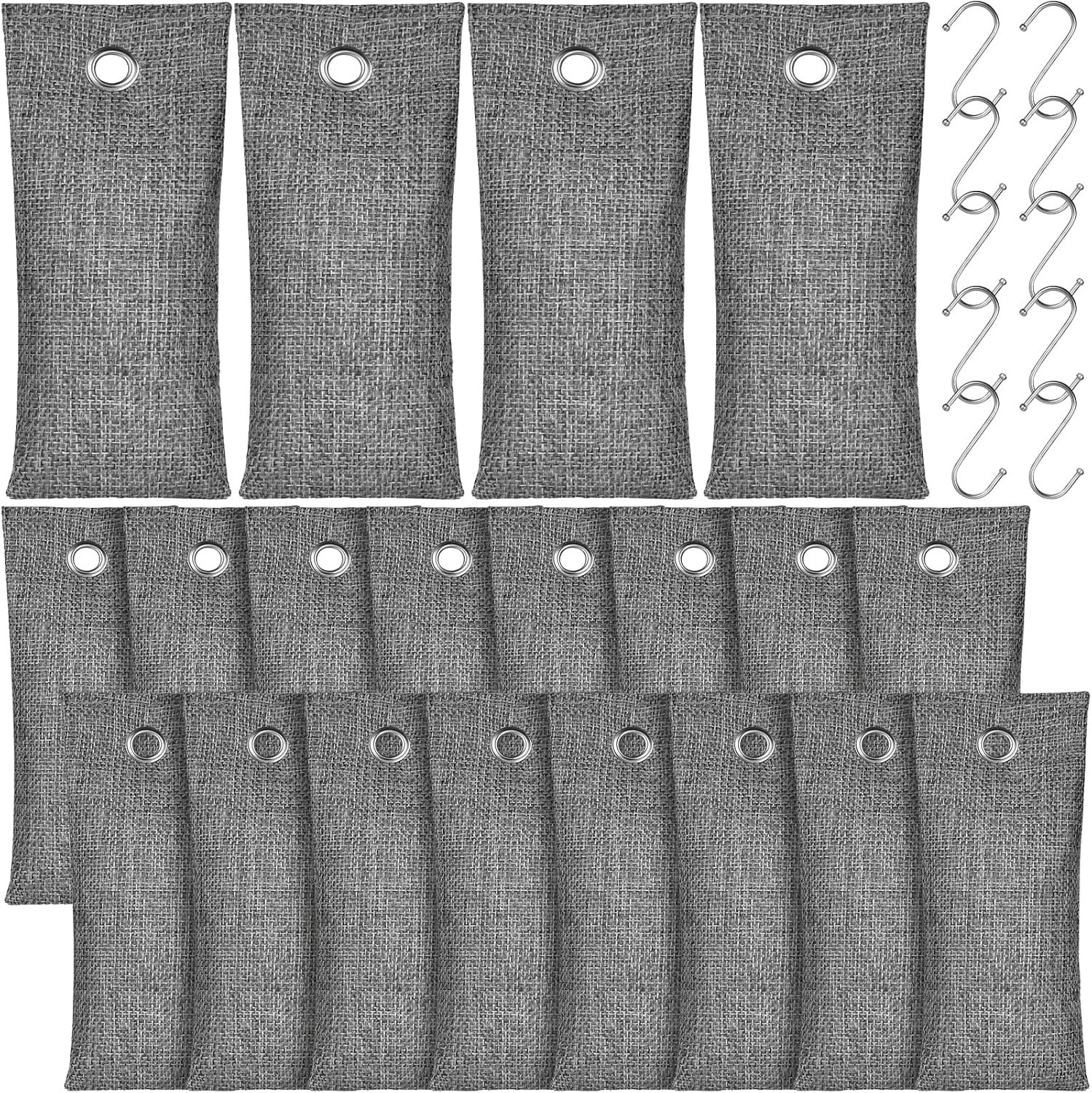 20 Pack Activated Charcoal Odor Absorber with 10 Pcs Hooks, Bamboo Charcoal air purifying Bags (50g/ Each), Shoe Deodorizer Odor Eliminator for Strong Odor, Car, Home, Pet, Closet