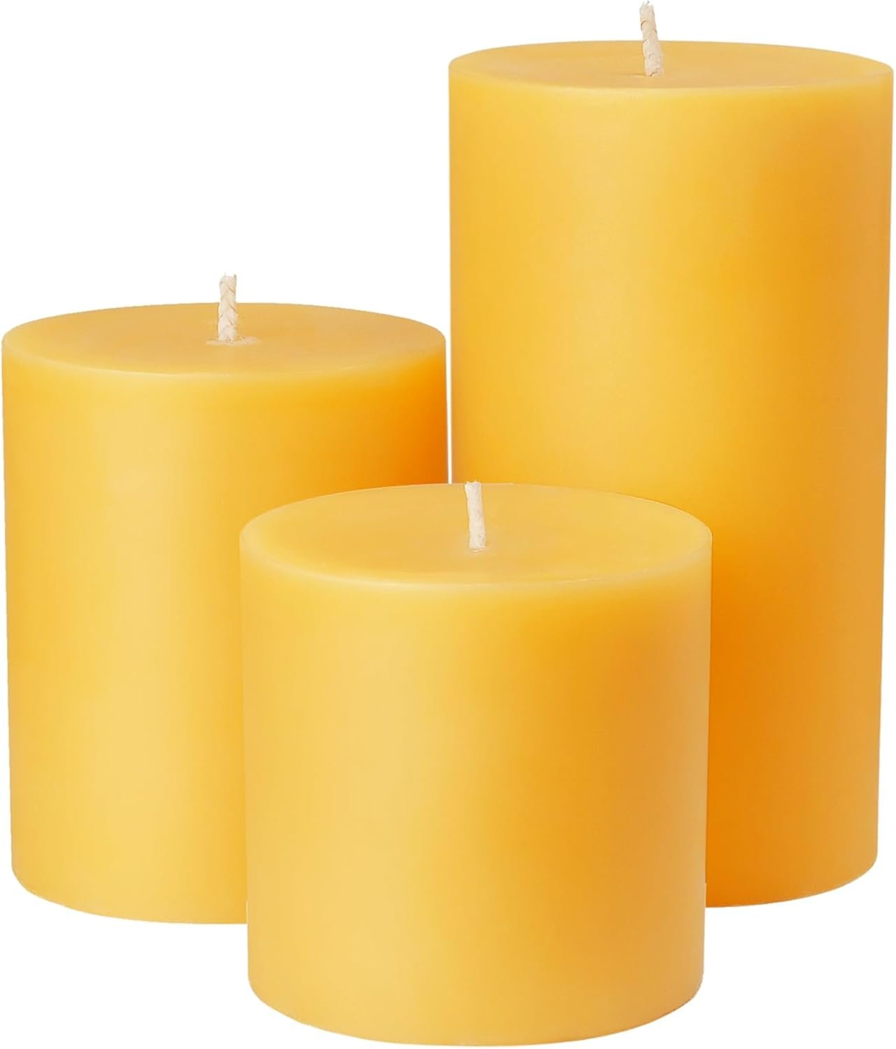 Set of 3 Natural Beeswax Pillar Candles – 3 inch Wide, Yellow, Unscented