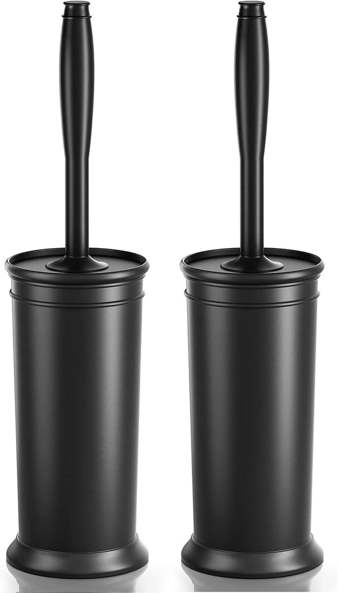 Toilet Brush and Holder 2 Pack, Toilet Bowl Brush with Extra Long Handle, Toilet Scrubber and Covered Holder, Toilet Brushes for Bathroom-Space Saving, Covered Brush, Durable, Deep Cleaning(Black)