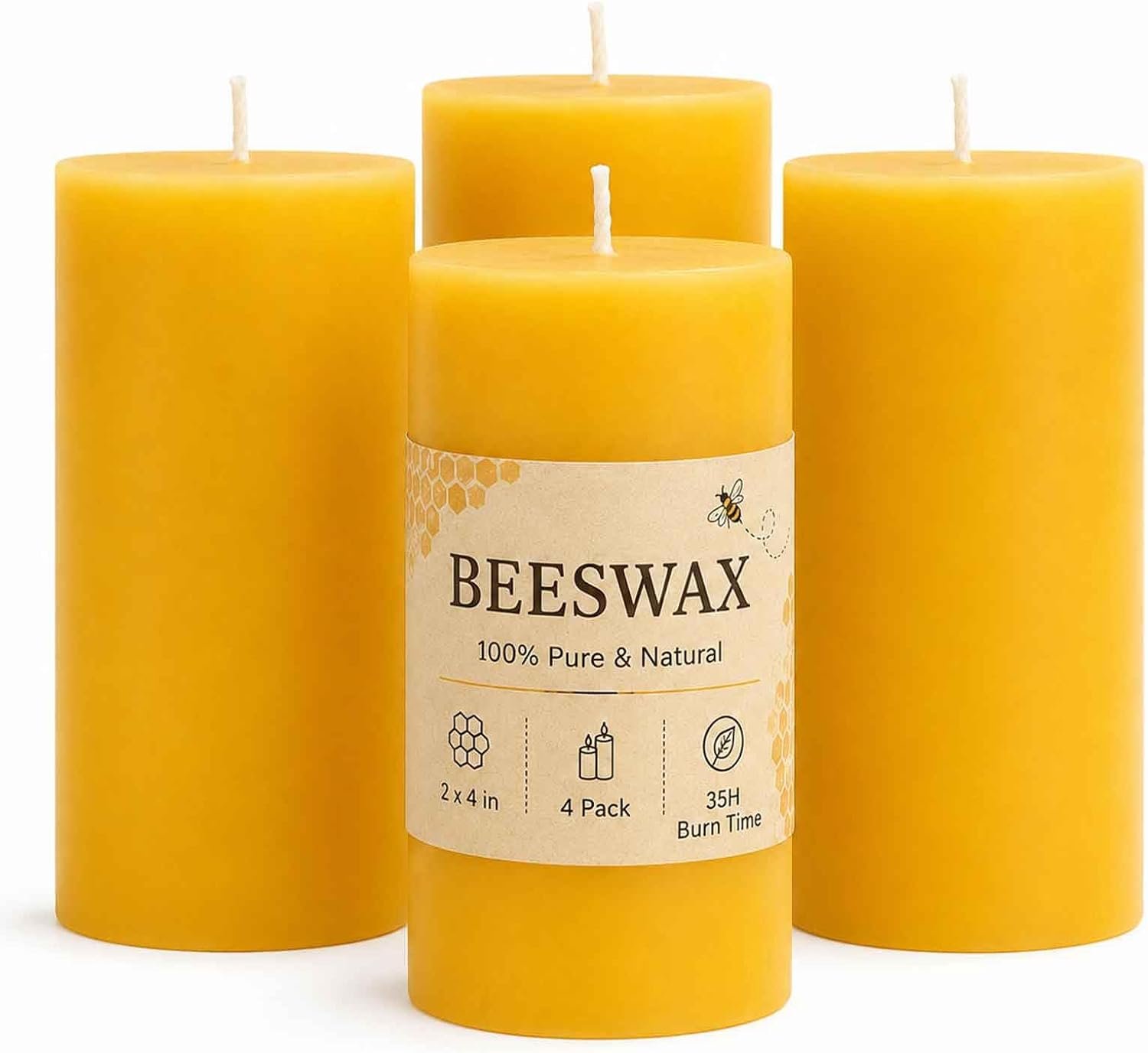 Natural Beeswax Pillar Candles, Non Toxic,2×4 Inch, 4 Pack,140 H Long Burn