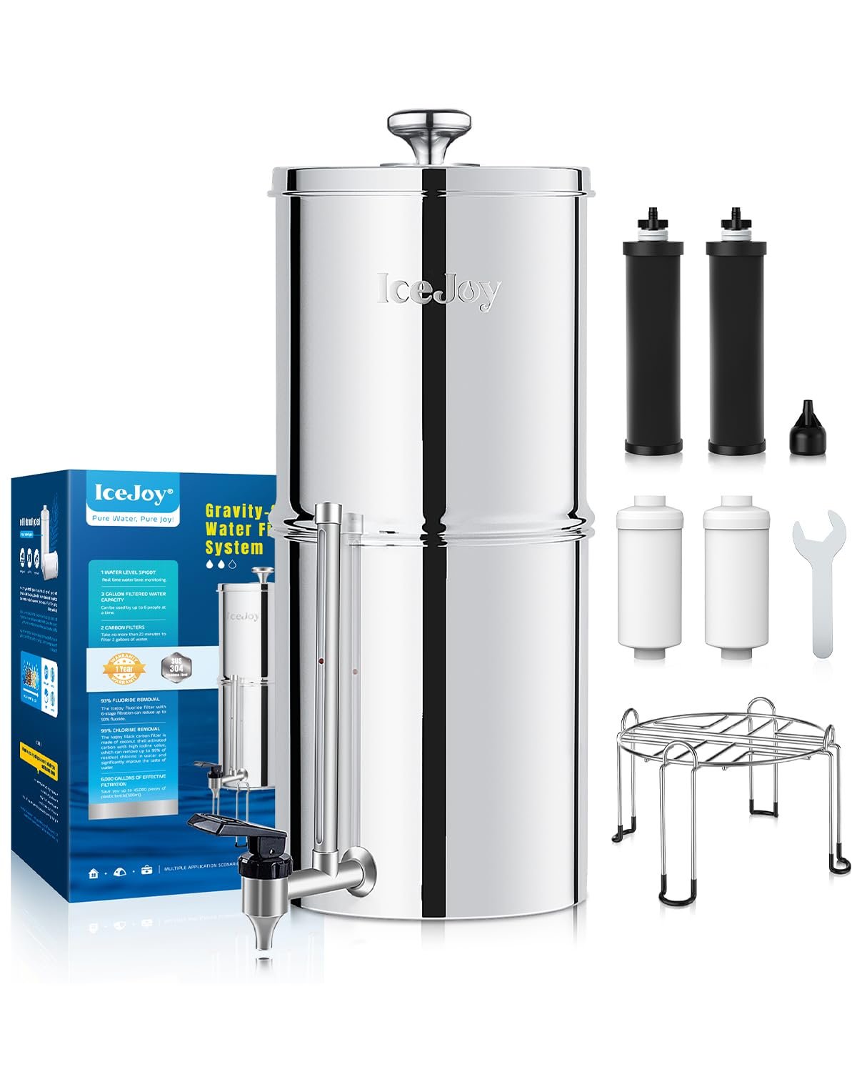 8-Stage Gravity Water Filtration System 3.0 Gallon-304 Stainless Steel Countertop System with 4 Filters and StandReduce 99.9% Chlorine, NSF/ANS 42 Certifcation