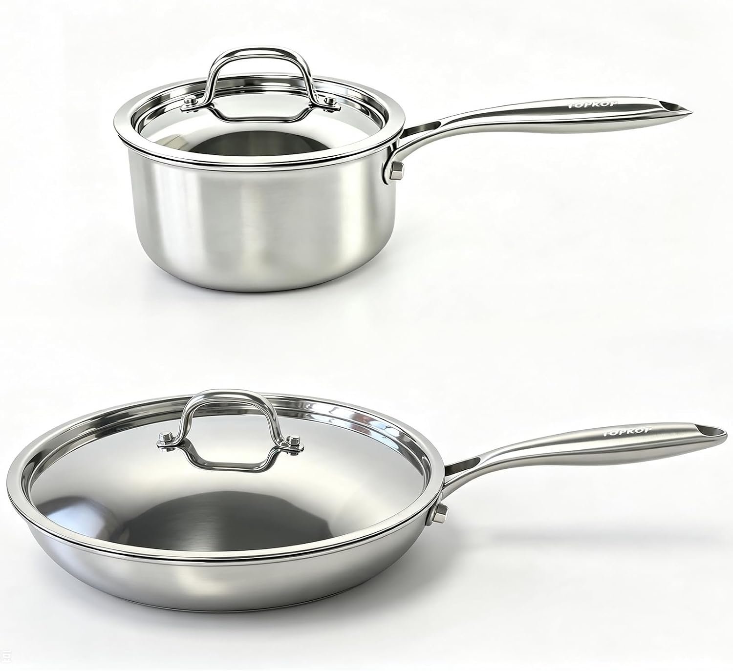 Stainless Steel Pots and Pans Set,12″ Tri-Ply Frying Pan with Lid(25% Thicker–Warp Resistant) 2QT Saucepan,Even Heat PFOA-Free & PTFE-Free,Oven & Dishwasher Safe,Induction Compatible