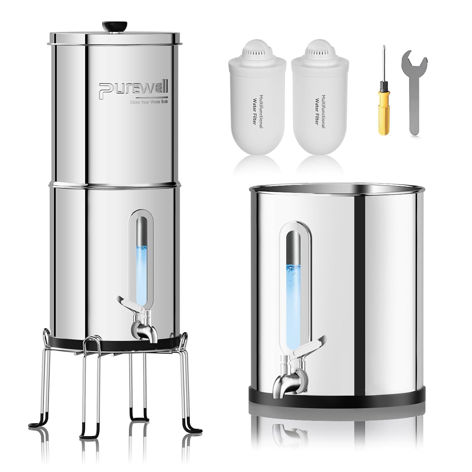 Purewell Upgraded 6-Stage 0.01μm Ultra-Filtration Gravity Water Filter System with Water Level Window, 304 Stainless Steel Countertop System with 2 Filters and Stand, Reduce 99% Chlorine, BO-2.25G