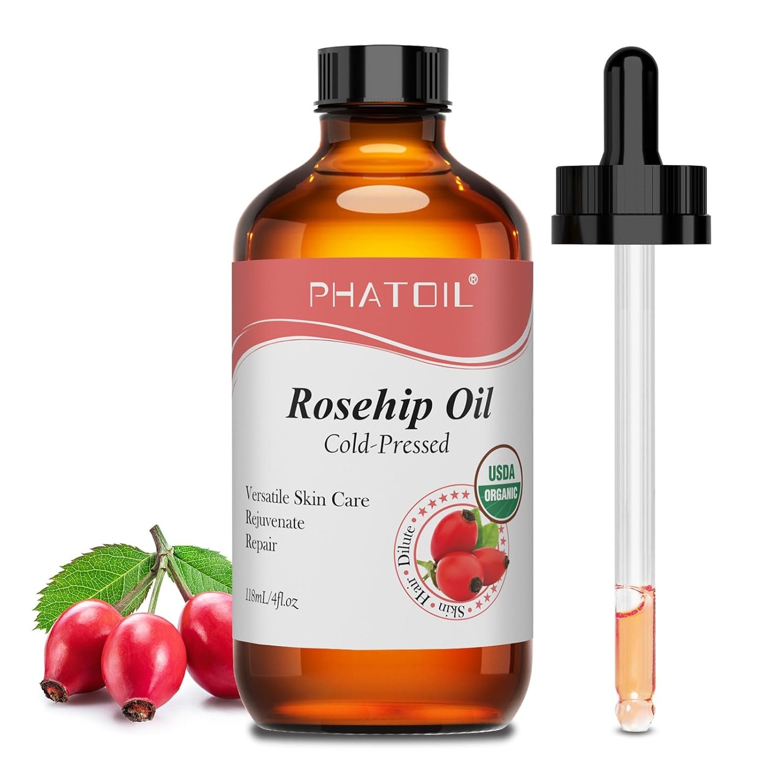 PHATOIL Organic Rosehip Oil for Face, 100% Pure, Cold Pressed, USDA, 4 oz