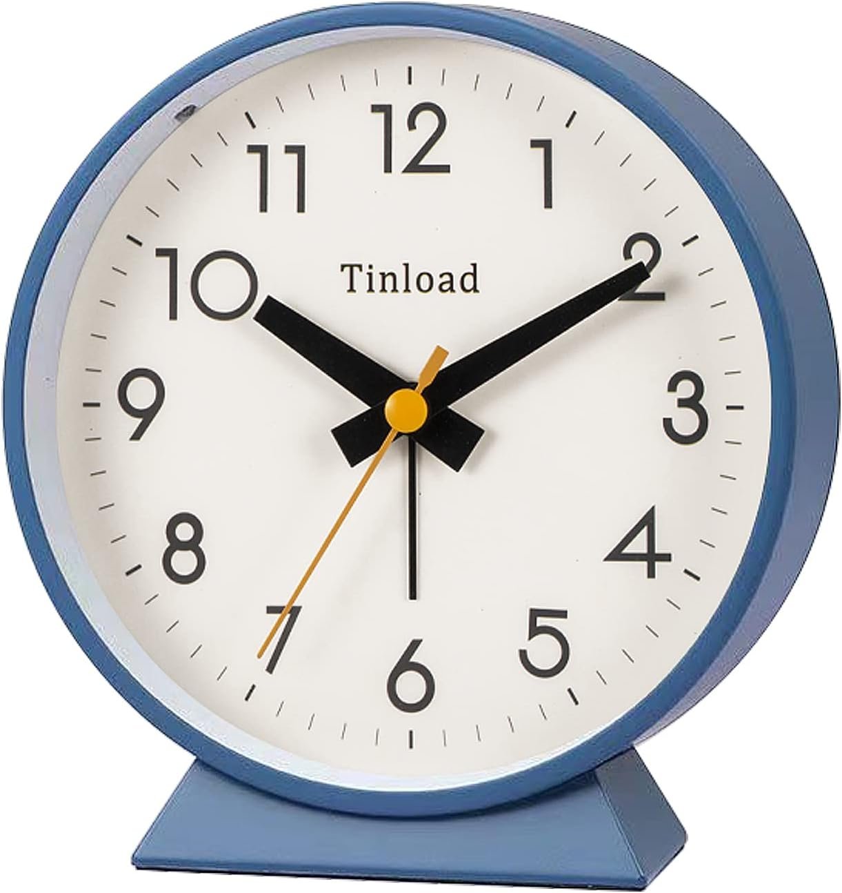 Tinload 4.5″ Battery Operated Analog Alarm Clock, Small Silent Bedside Desk Clock with Night Light, Blue