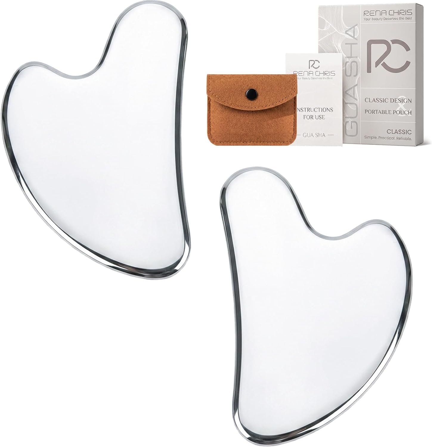 2PCS Rena Chris Gua Sha Facial Tools, Stainless Steel Guasha Tool- Silver
