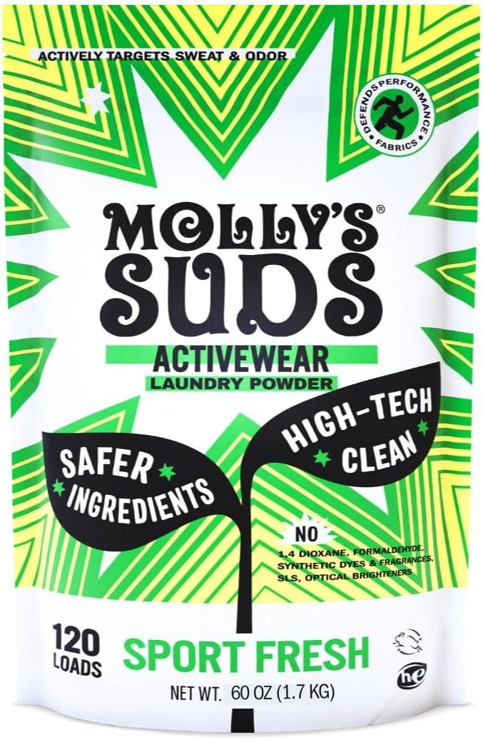 Molly’s Suds Active Wear Laundry Detergent | Extra Strength Sport Laundry Powder, Stain Fighting for Performance Fabrics and Sensitive Skin | 120 Loads