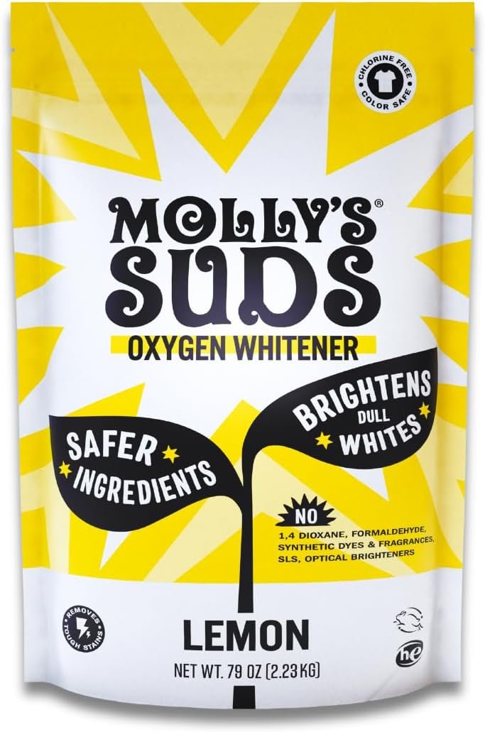 Molly’s Suds Oxygen Whitener | Powerful Bleach Alternative, Chlorine Free & Color Safe | Brightens Whites and Removes Stains (Pure Lemon Essential Oil – 79 oz)