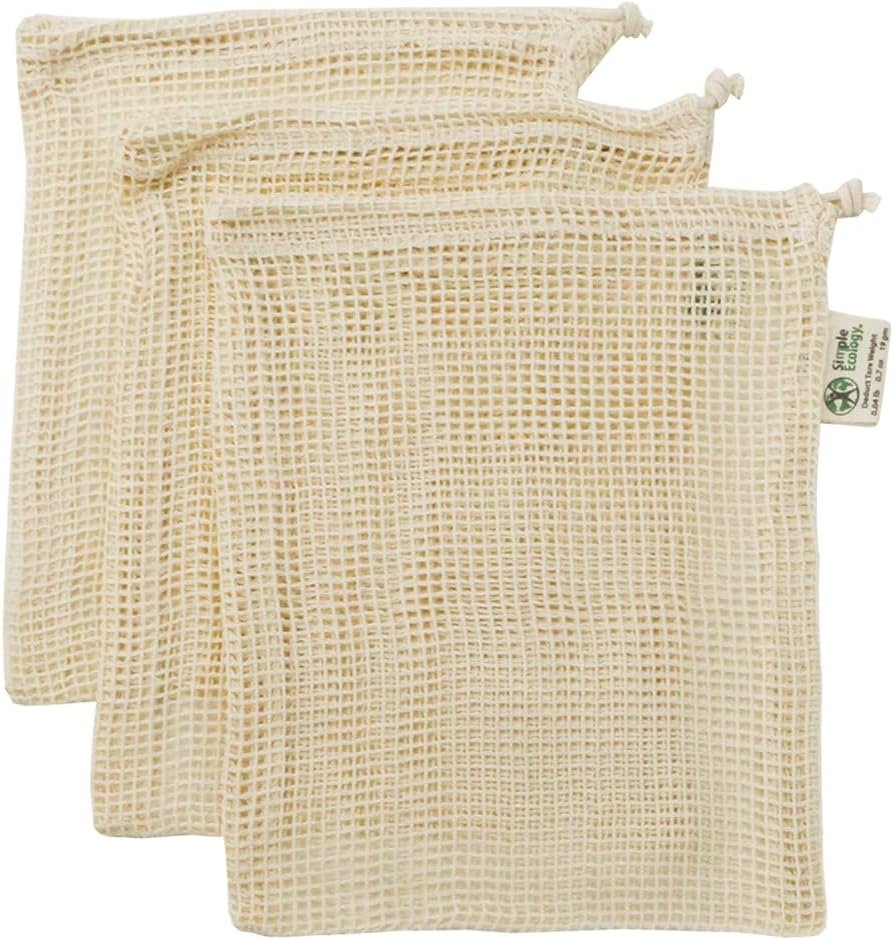 Simple Ecology Reusable Produce Shopping and Storage Bags, Drawstring, Washable Organic Cotton Mesh, Small 3 pack